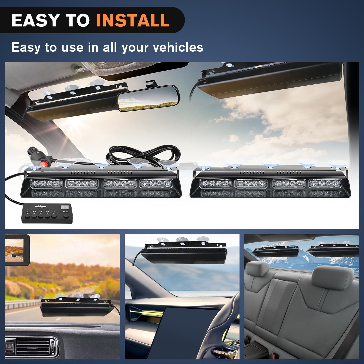 imageNilight 32LED Purple White Emergency Dash Strobe Lights with Controller Suction Cups Warning Hazard Interior FrontRear Windshield Deck Split Light Bar for Truck Construction VehicleRed and Blue