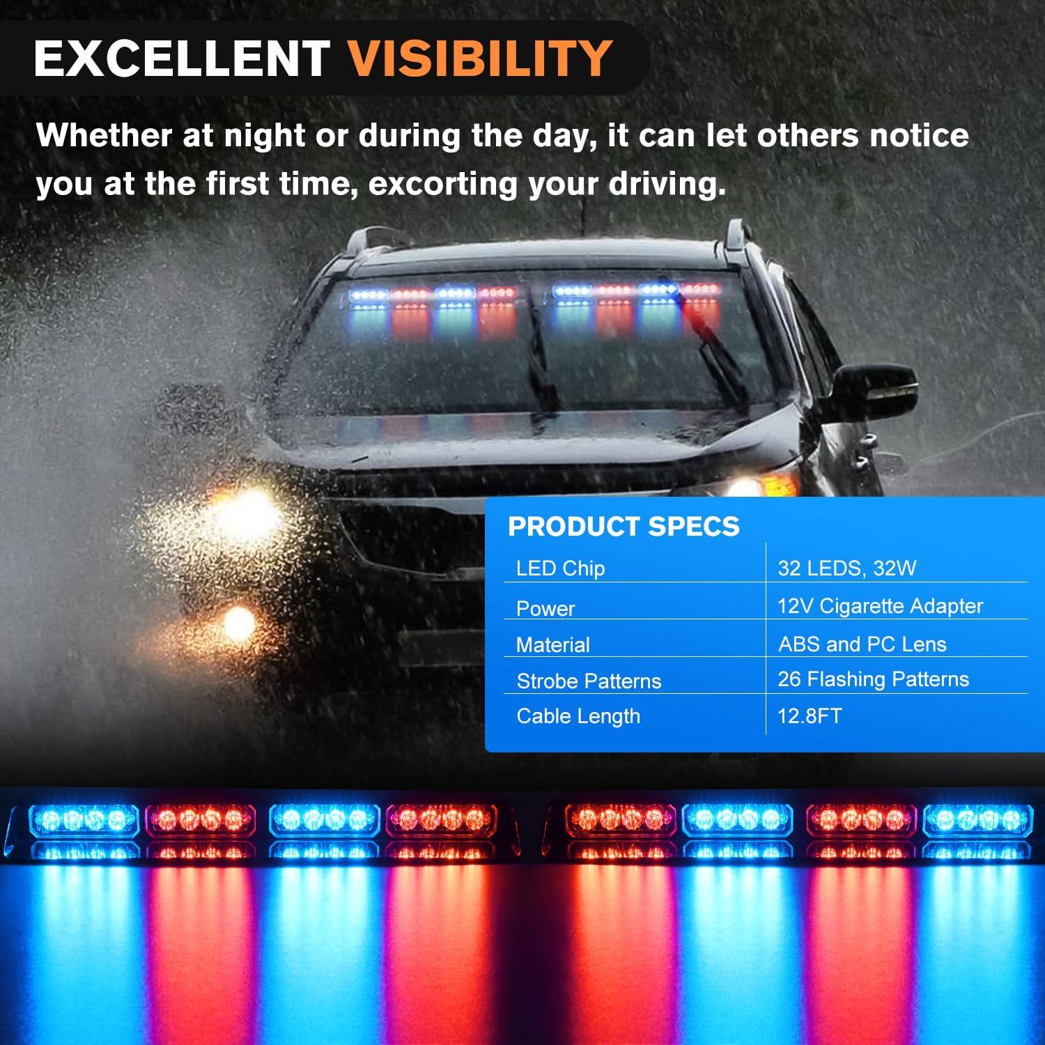 imageNilight 32LED Purple White Emergency Dash Strobe Lights with Controller Suction Cups Warning Hazard Interior FrontRear Windshield Deck Split Light Bar for Truck Construction VehicleRed and Blue