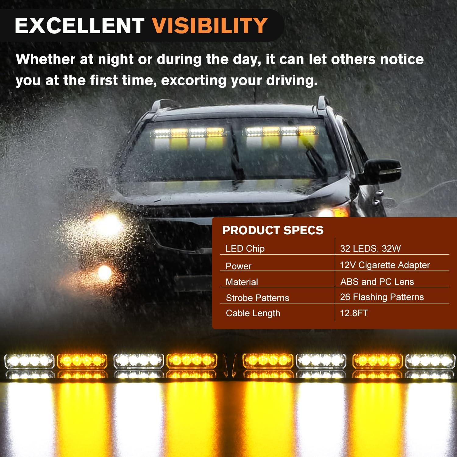 imageNilight 32LED Purple White Emergency Dash Strobe Lights with Controller Suction Cups Warning Hazard Interior FrontRear Windshield Deck Split Light Bar for Truck Construction VehicleAmber and White