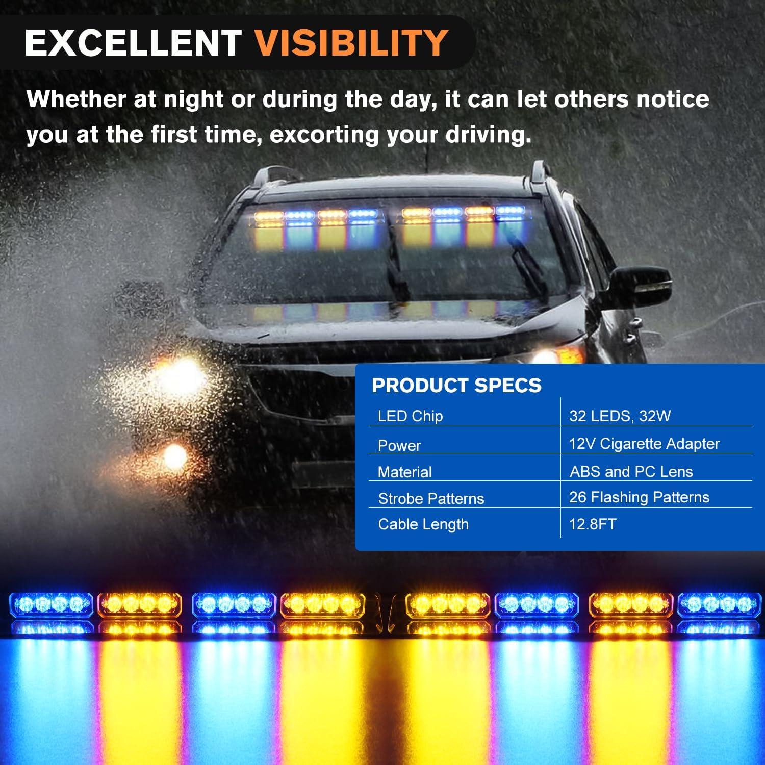 imageNilight 32LED Purple White Emergency Dash Strobe Lights with Controller Suction Cups Warning Hazard Interior FrontRear Windshield Deck Split Light Bar for Truck Construction VehicleAmber and Blue