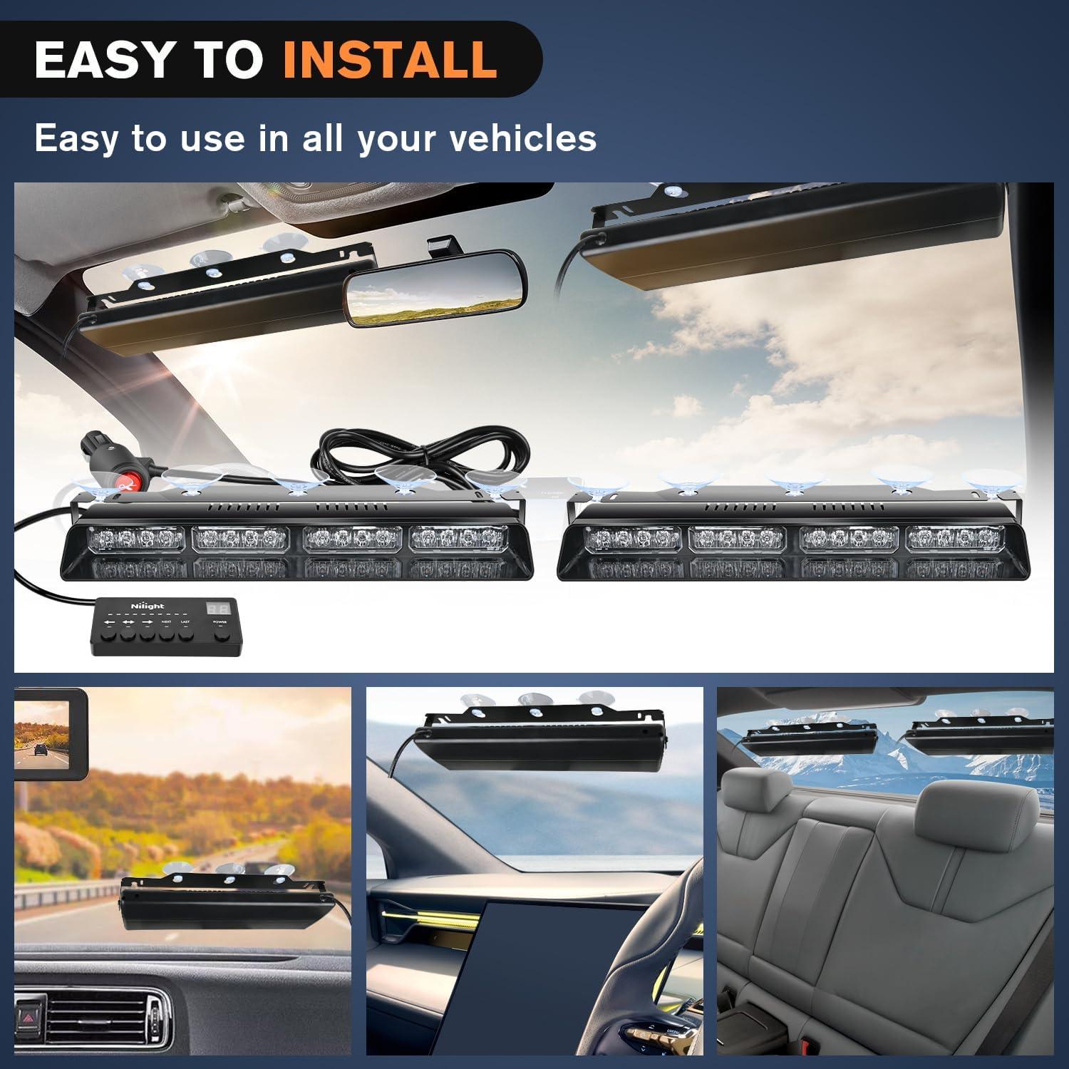 imageNilight 32LED Purple White Emergency Dash Strobe Lights with Controller Suction Cups Warning Hazard Interior FrontRear Windshield Deck Split Light Bar for Truck Construction VehicleAmber