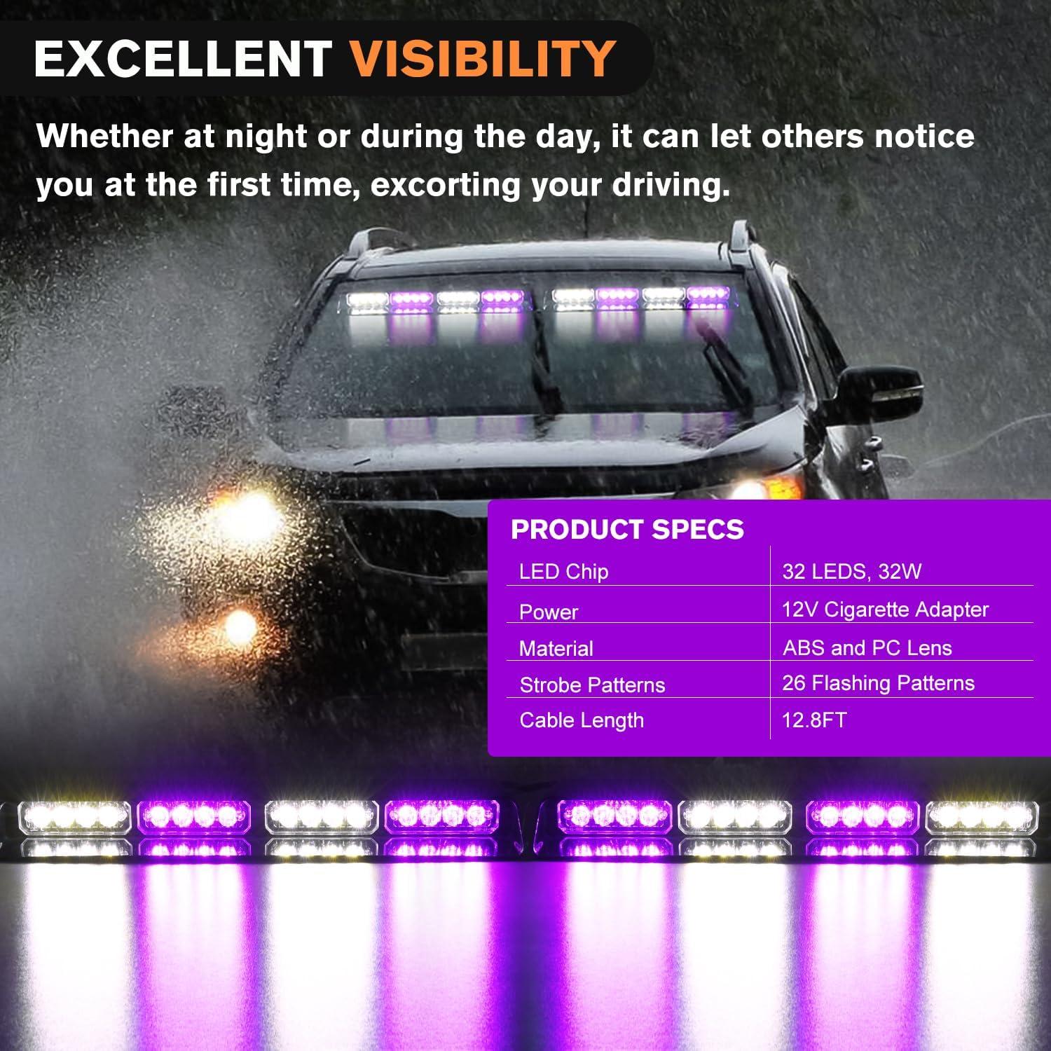 imageNilight 32LED Purple White Emergency Dash Strobe Lights with Controller Suction Cups Warning Hazard Interior FrontRear Windshield Deck Split Light Bar for Truck Construction VehiclePurple and White