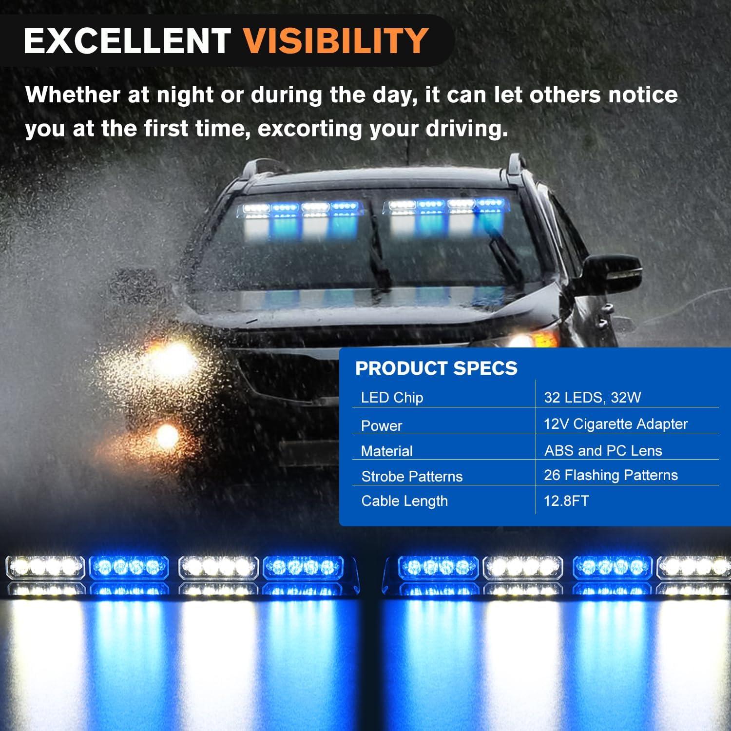 imageNilight 32LED Purple White Emergency Dash Strobe Lights with Controller Suction Cups Warning Hazard Interior FrontRear Windshield Deck Split Light Bar for Truck Construction VehicleBlue and White
