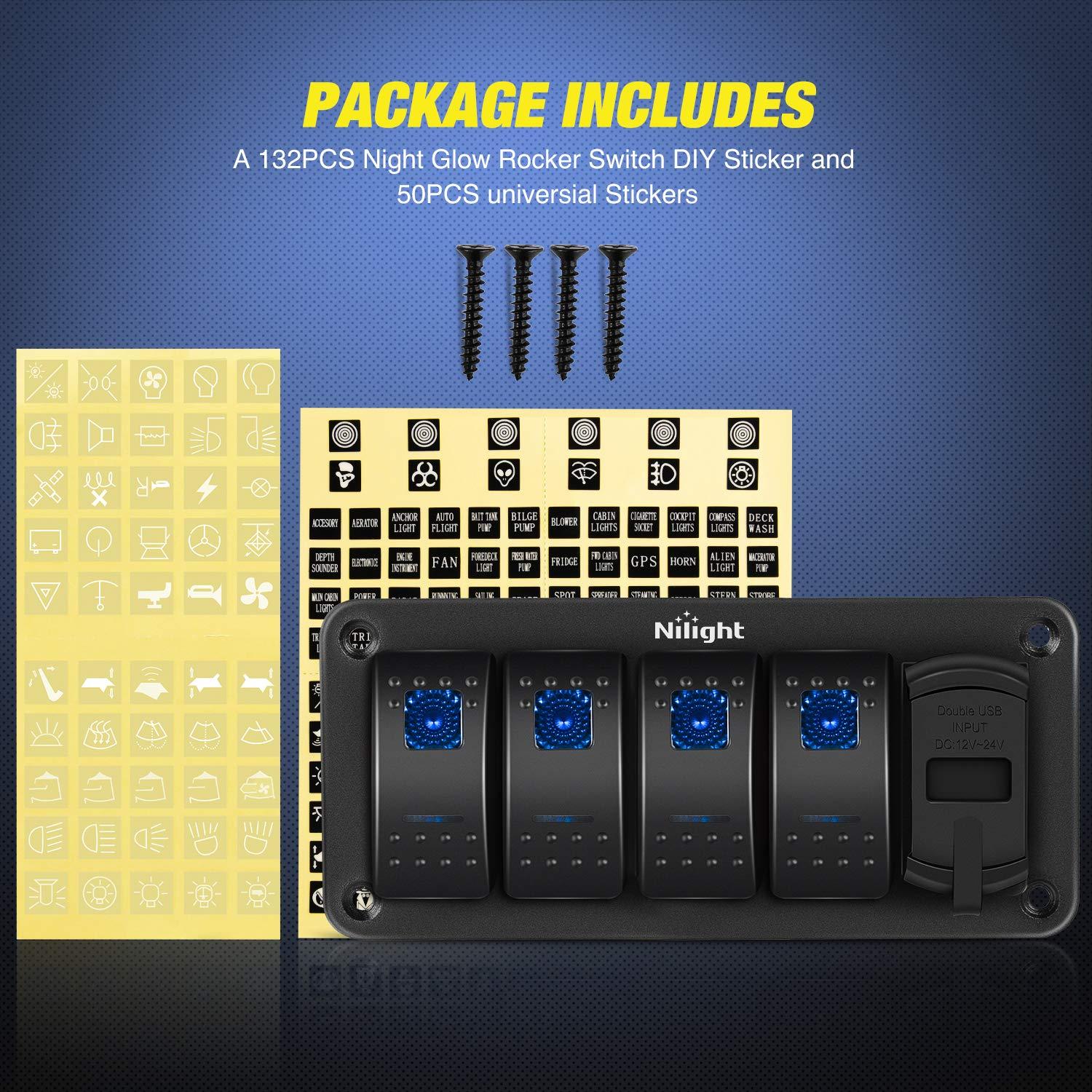 imageNilight 4 Gang Rocker Switch Box 12V SPST ON Off PD Type C and QC 30 USB Charger Voltmeter Waterproof Aluminum Panel DIY Stickers for Boats Cars RVs TrucksBlue