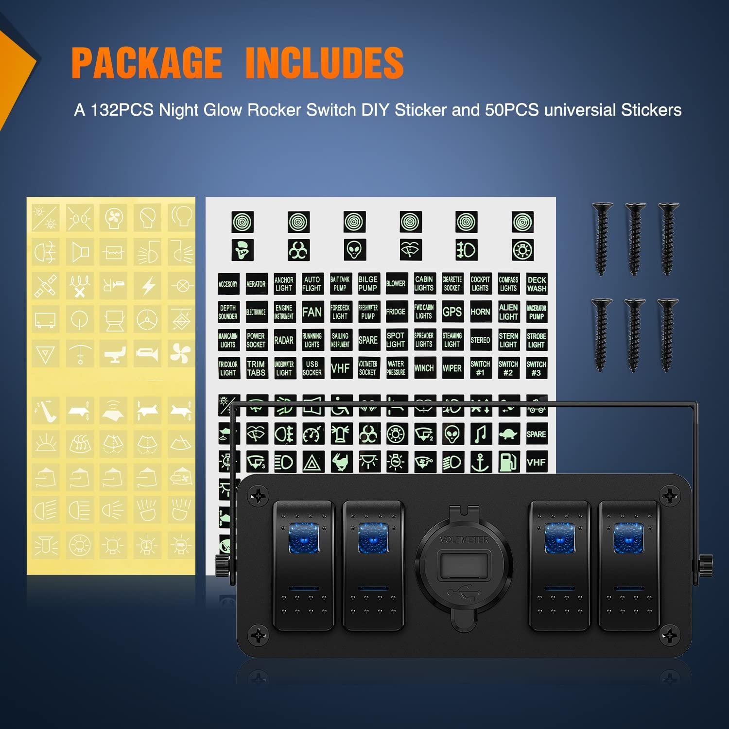 imageNilight 4 Gang Rocker Switch Panel with QC30 Dual USB Charger Voltmeter Waterproof and Night Glow Stickers 12V24V DC for Cars Trucks Boats RVDual USB Box Blue