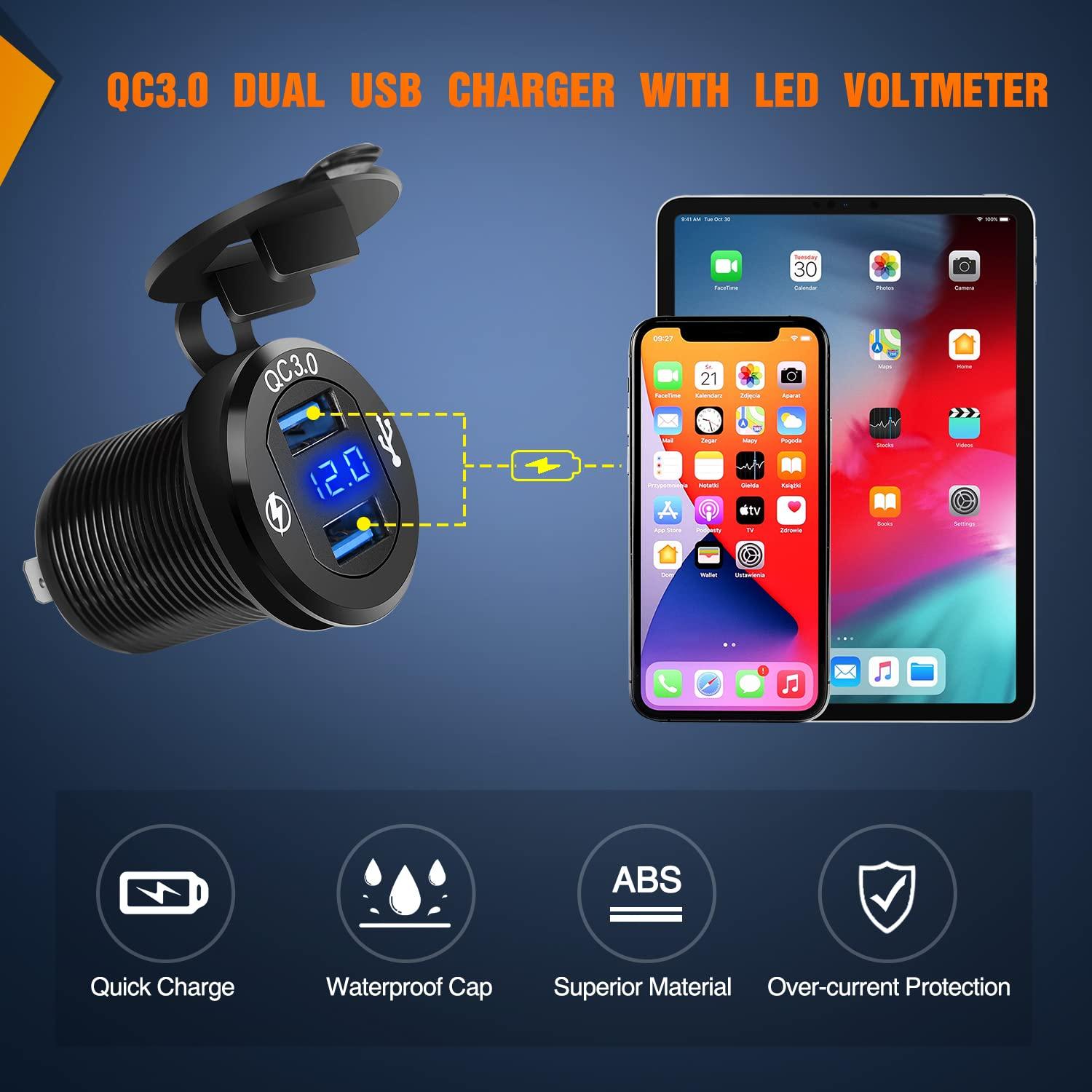 imageNilight 4 Gang Rocker Switch Panel with QC30 Dual USB Charger Voltmeter Waterproof and Night Glow Stickers 12V24V DC for Cars Trucks Boats RVDual USB Box Blue