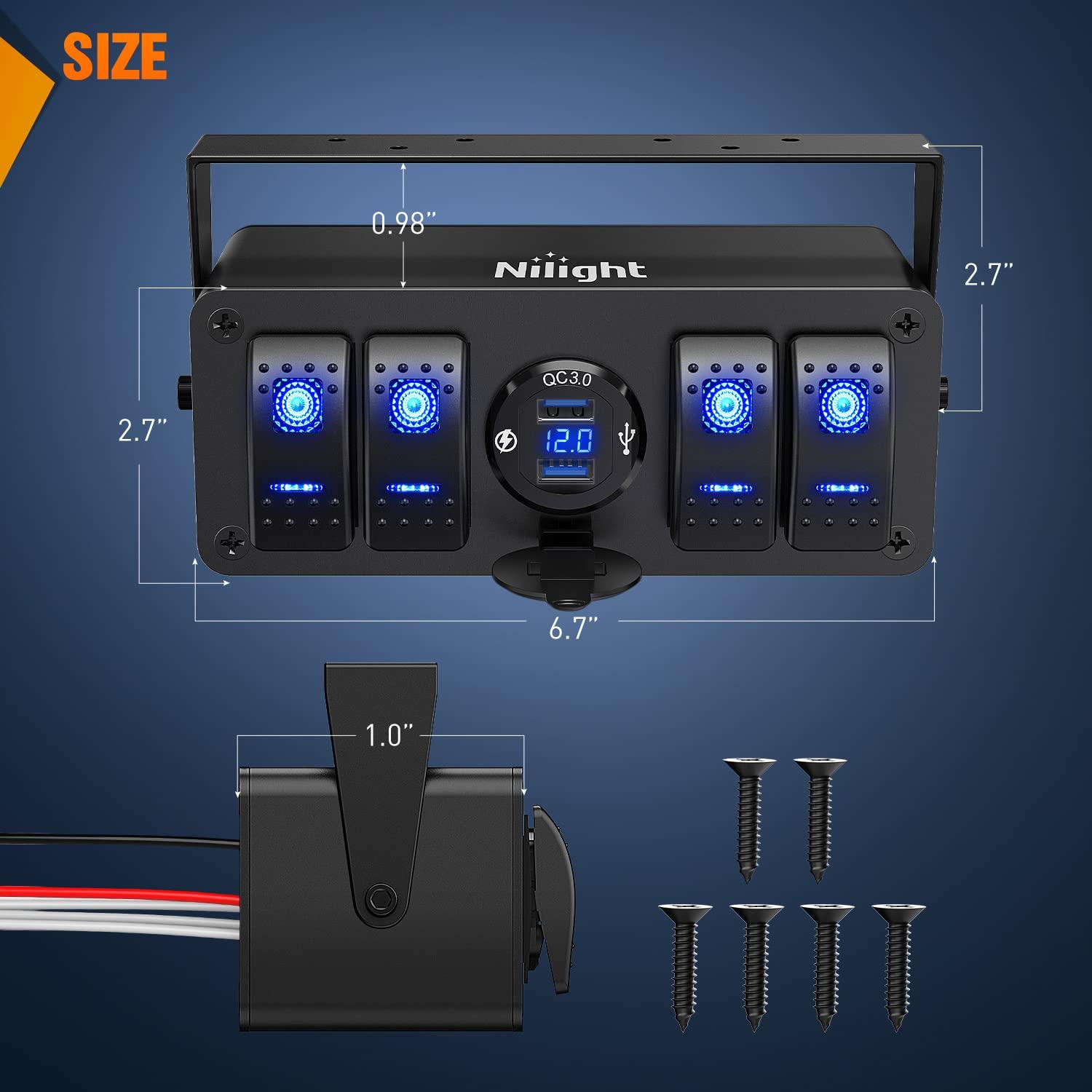 imageNilight 4 Gang Rocker Switch Panel with QC30 Dual USB Charger Voltmeter Waterproof and Night Glow Stickers 12V24V DC for Cars Trucks Boats RVDual USB Box Blue