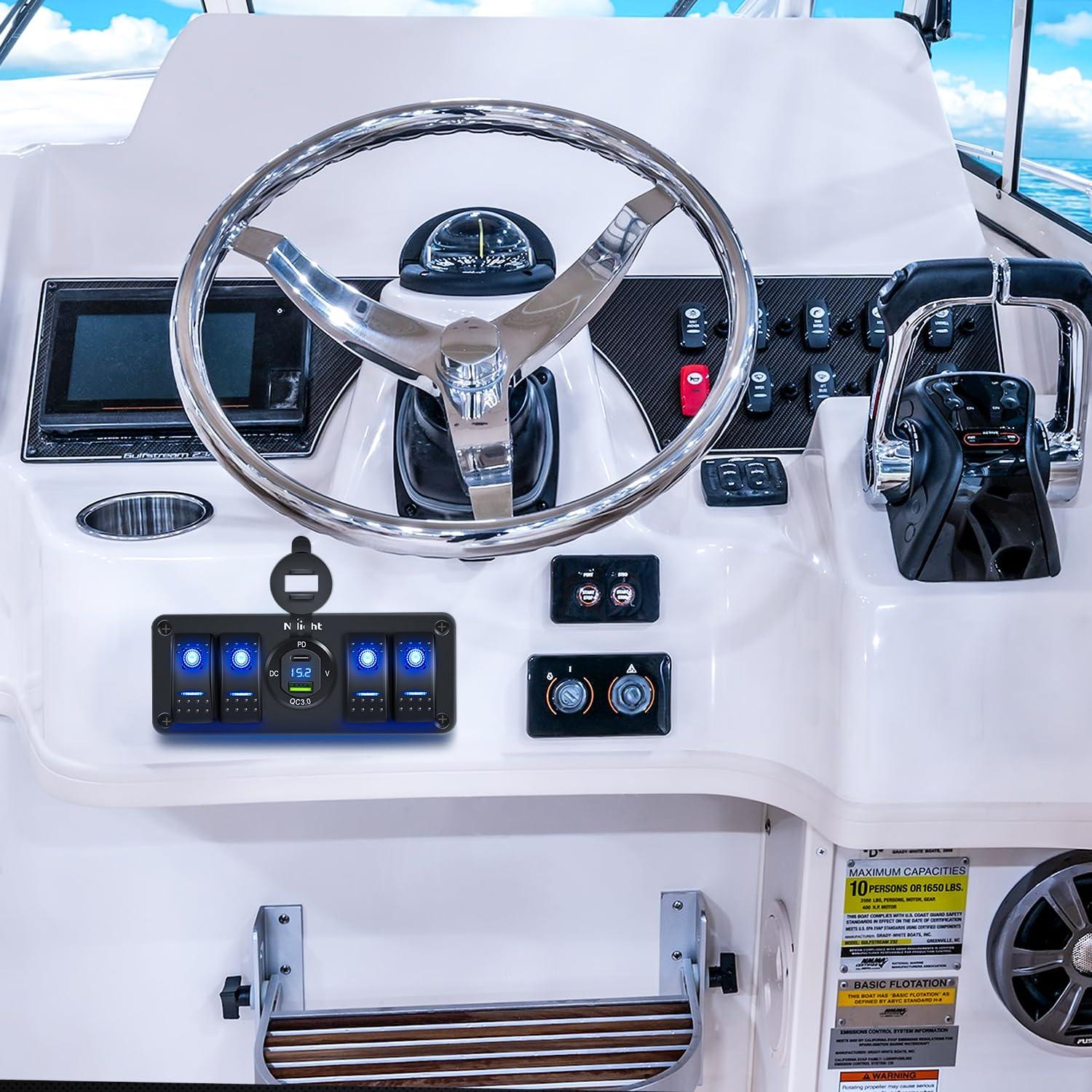 imageNilight 4 Gang Rocker Switch Panel with QC30 Dual USB Charger Voltmeter Waterproof and Night Glow Stickers 12V24V DC for Cars Trucks Boats RVType C  USB Blue