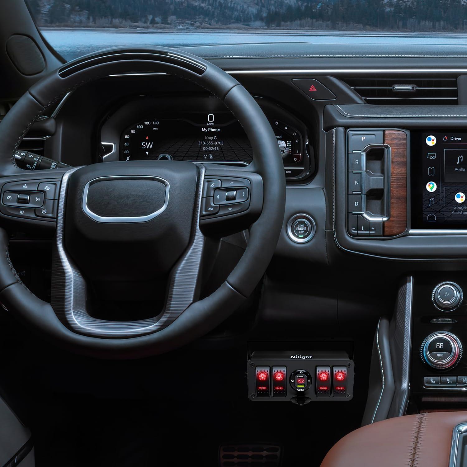 imageNilight 4 Gang Rocker Switch Panel with QC30 Dual USB Charger Voltmeter Waterproof and Night Glow Stickers 12V24V DC for Cars Trucks Boats RVType C  USB  Box Red