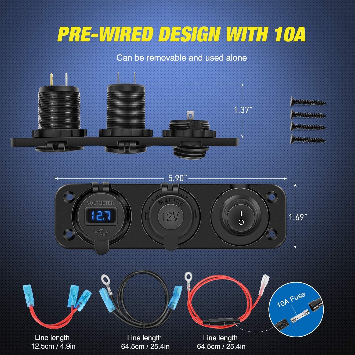 imageNilight 4 in 1 Charger Socket Panel Dual QC30 USB Charger with LED Voltmeter Display and Cigarette Lighter Socket and Power Cutoff SwitchAvoid Battery Drain Off Switch for UTV ATVBlack RedDual USB