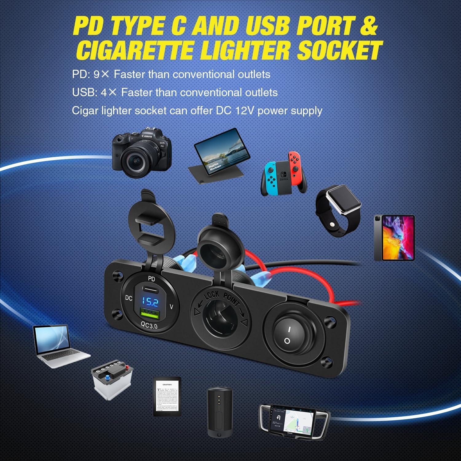 imageNilight 4 in 1 Charger Socket Panel Dual QC30 USB Charger with LED Voltmeter Display and Cigarette Lighter Socket and Power Cutoff SwitchAvoid Battery Drain Off Switch for UTV ATVBlack RedPD Type C  USB