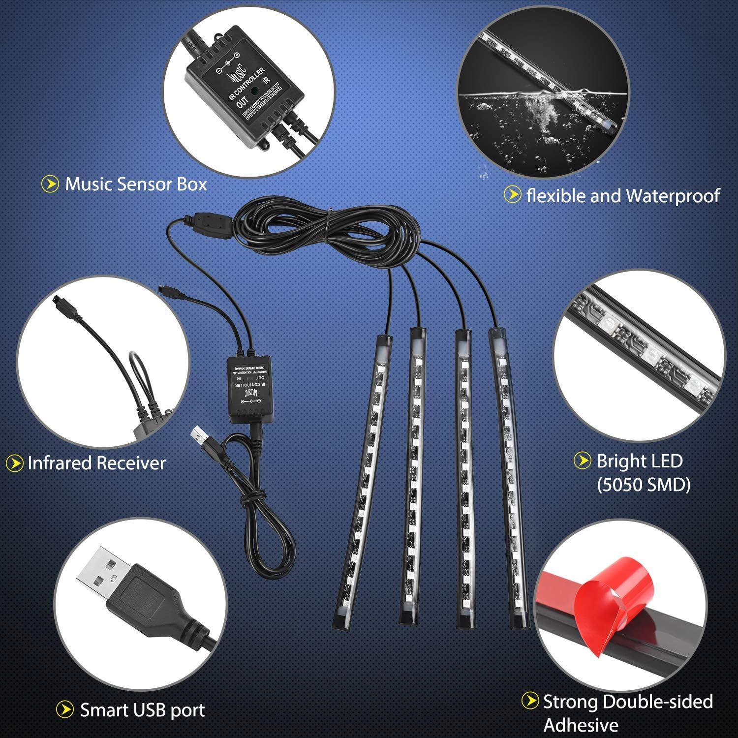 imageNilight 48 LEDs DC 5V Multicolor Music Car Strip Light Under Dash Lighting Kit with Sound Active Function and Wireless Remote Control 2 Years Warranty 4PCS USB Interior Lights4PCS USB Interior Lights