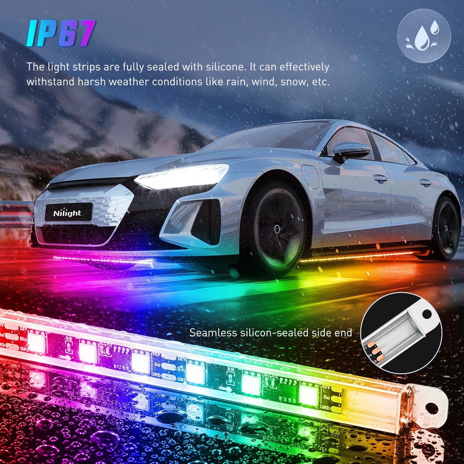 imageNilight 4Pcs Car Underglow Neon Accent Strip Lights 252 LEDs RGB 8 Color Sound Active Function Music Mode with Wireless Remote Control Underbody Light Strips for Cars Van SUV Truck8Pcs Aluminum Underglow Strip Lights Dream Color