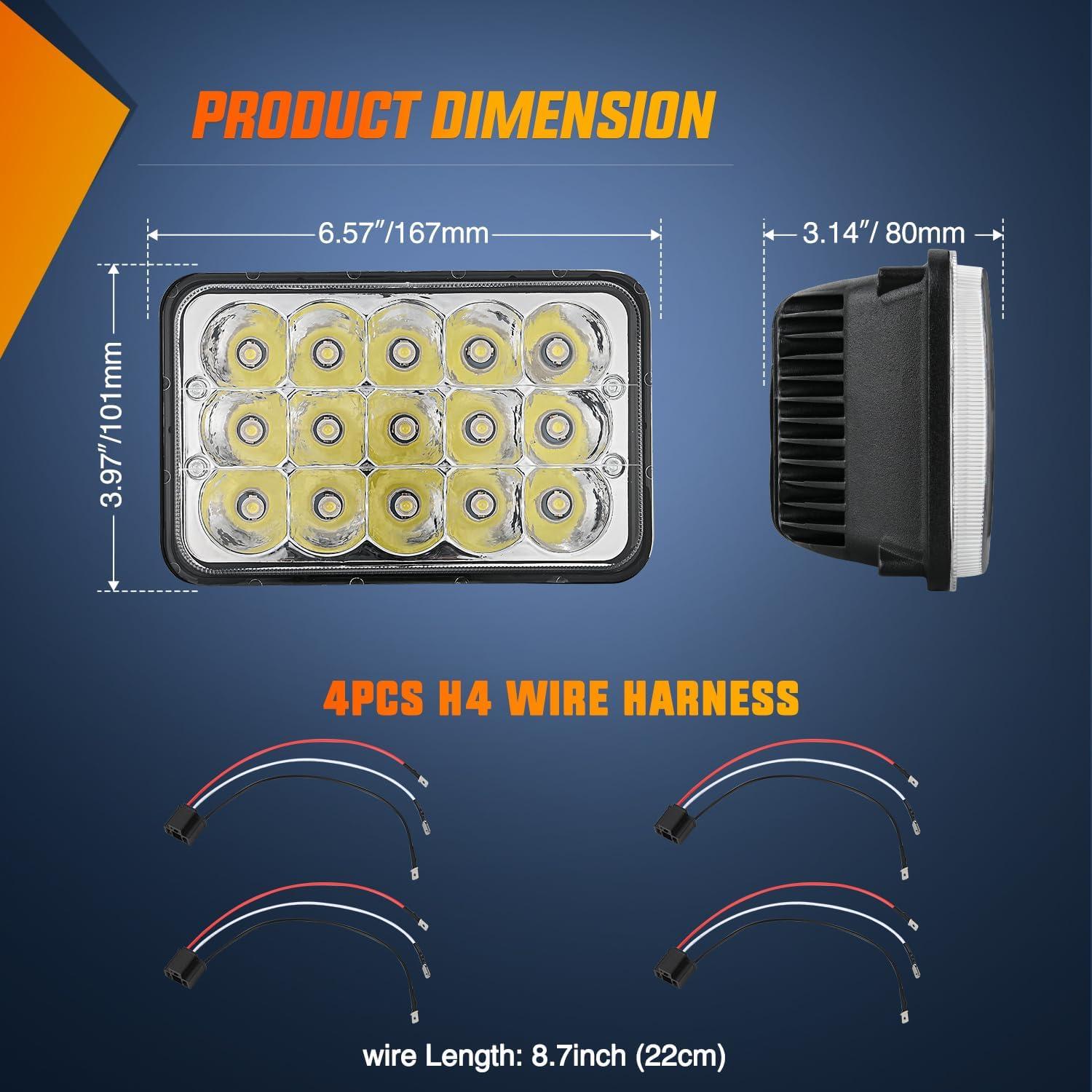 imageNilight 4x6 Inch LED Headlights 45W HiLo Sealed Beam Rectangular Headlight Replacement H4651 H4652 H4656 H4666 H6545 Compatible with Chevy Kenworth Peterbil Ford Freightliner OldsmobileSilver 4PCS4Pcs 4x6 Silver