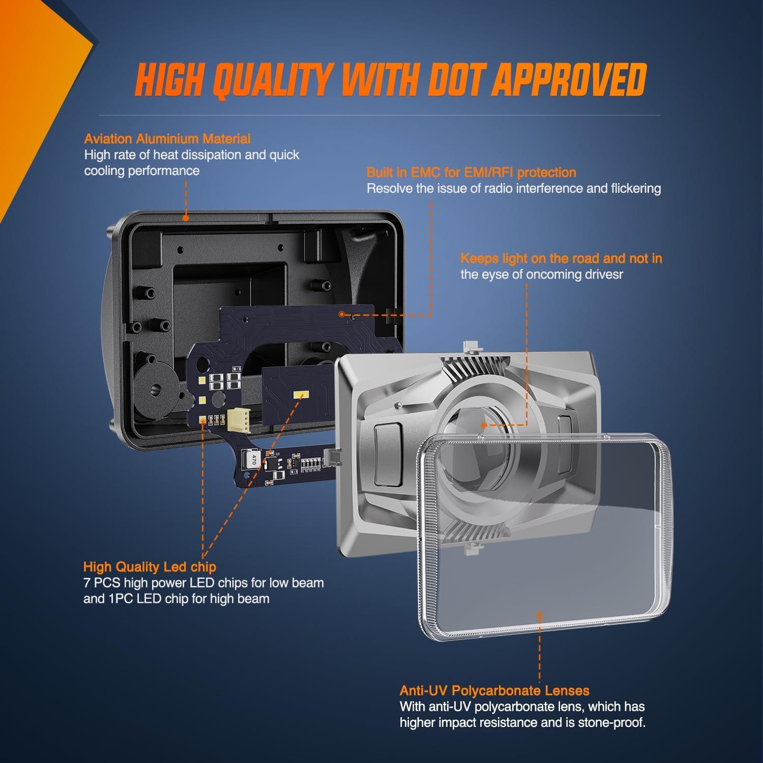 imageNilight 4x6 Inch LED Headlights 45W HiLo Sealed Beam Rectangular Headlight Replacement H4651 H4652 H4656 H4666 H6545 Compatible with Chevy Kenworth Peterbil Ford Freightliner OldsmobileSilver 4PCS4Pcs 4x6 wprojector Silver