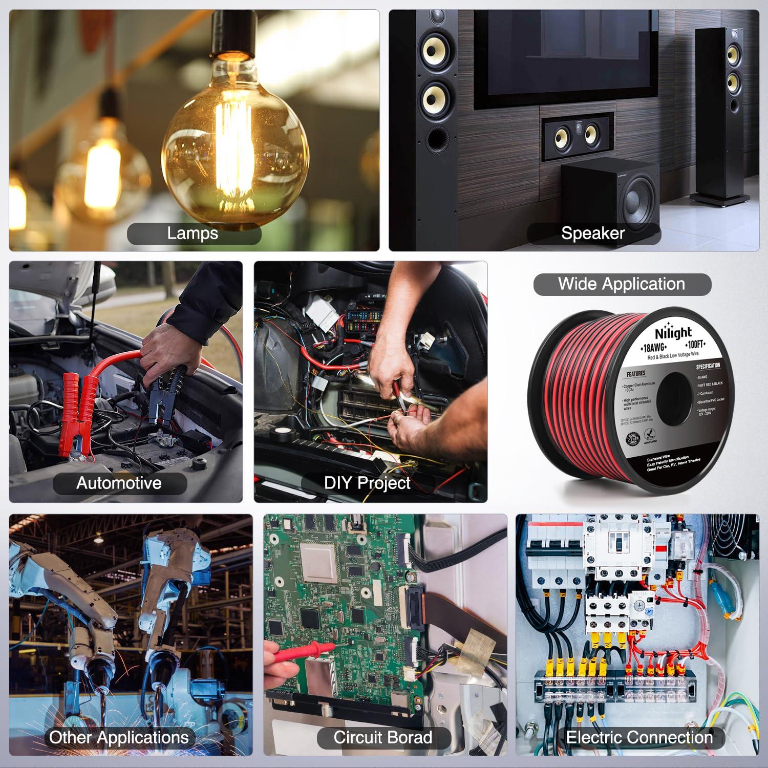 imageNilight 50FT 16AWG Copper Clad Aluminum Wire 162 Gauge Red Black CCA Electrical Cable 2 Conductor Parallel 12V24V DC Flexible Extension Cords for Car Audio Radio Speaker Amplifier18AWG100FT