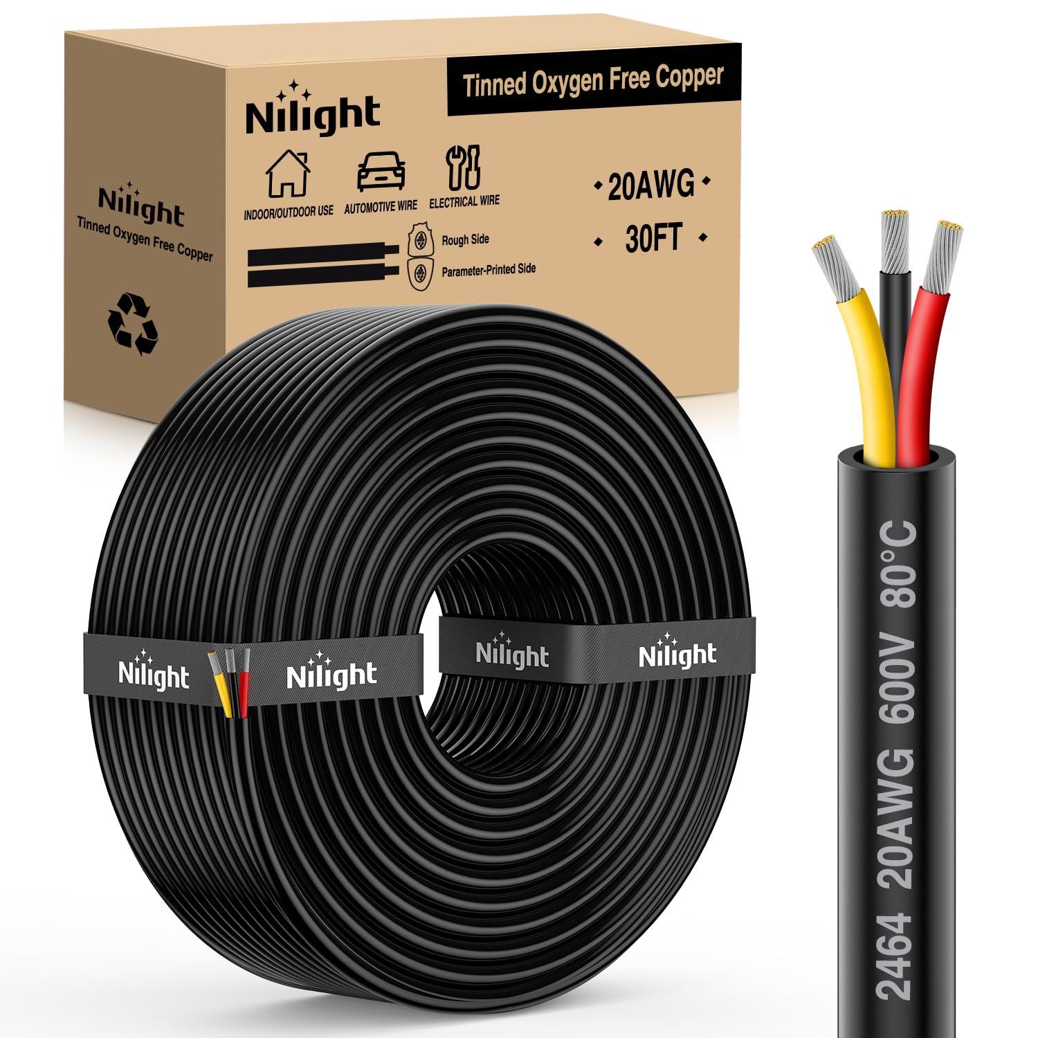 imageNilight 50FT 20 Gauge 3 Conductor Electrical Wire Tinned Oxygen Free Copper Red Black Yellow 3 Wires Parallel 600V DC Flexible PVC Case Extension Cords for LED Strips Lamps Lighting3 Conductor