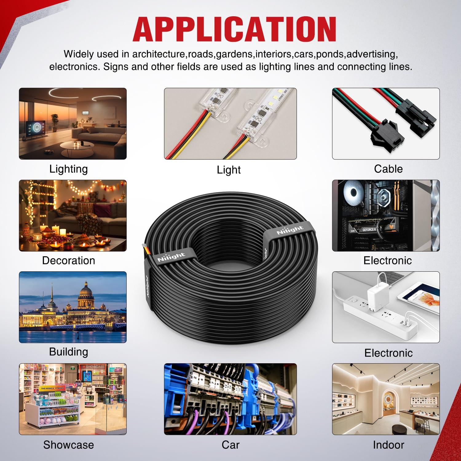 imageNilight 50FT 20 Gauge 3 Conductor Electrical Wire Tinned Oxygen Free Copper Red Black Yellow 3 Wires Parallel 600V DC Flexible PVC Case Extension Cords for LED Strips Lamps Lighting3 Conductor