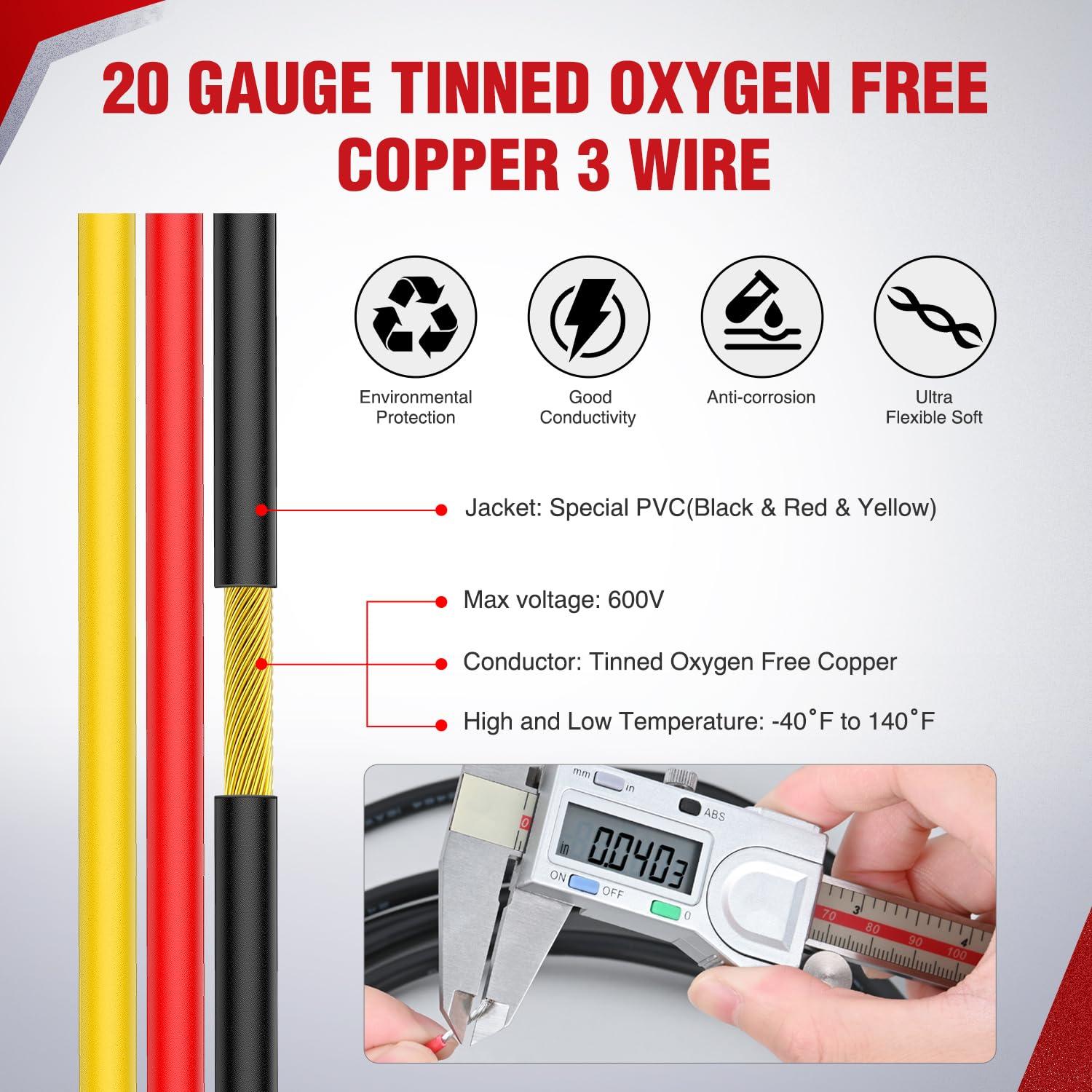 imageNilight 50FT 20 Gauge 3 Conductor Electrical Wire Tinned Oxygen Free Copper Red Black Yellow 3 Wires Parallel 600V DC Flexible PVC Case Extension Cords for LED Strips Lamps Lighting3 Conductor