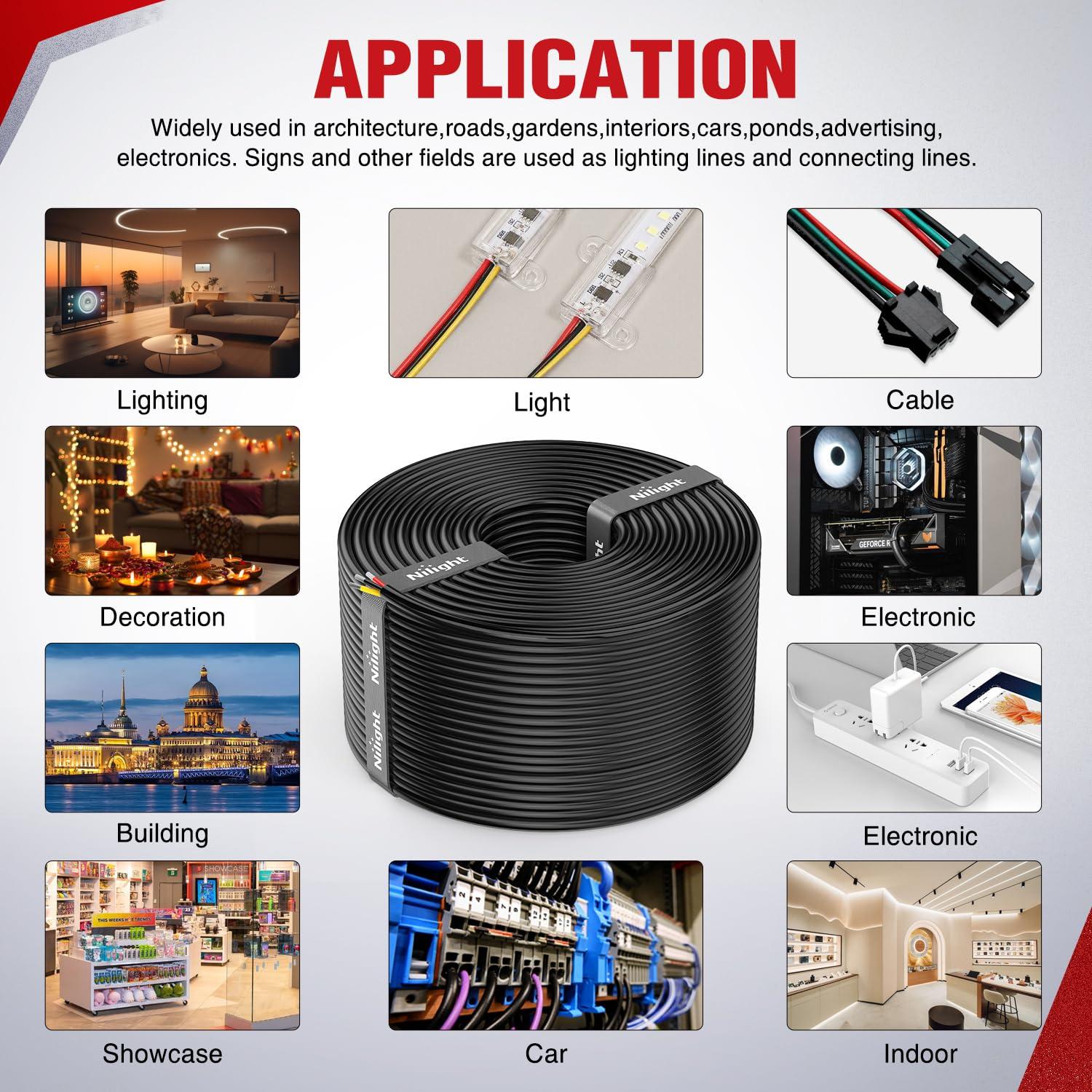 imageNilight 50FT 20 Gauge 3 Conductor Electrical Wire Tinned Oxygen Free Copper Red Black Yellow 3 Wires Parallel 600V DC Flexible PVC Case Extension Cords for LED Strips Lamps Lighting3 Conductor