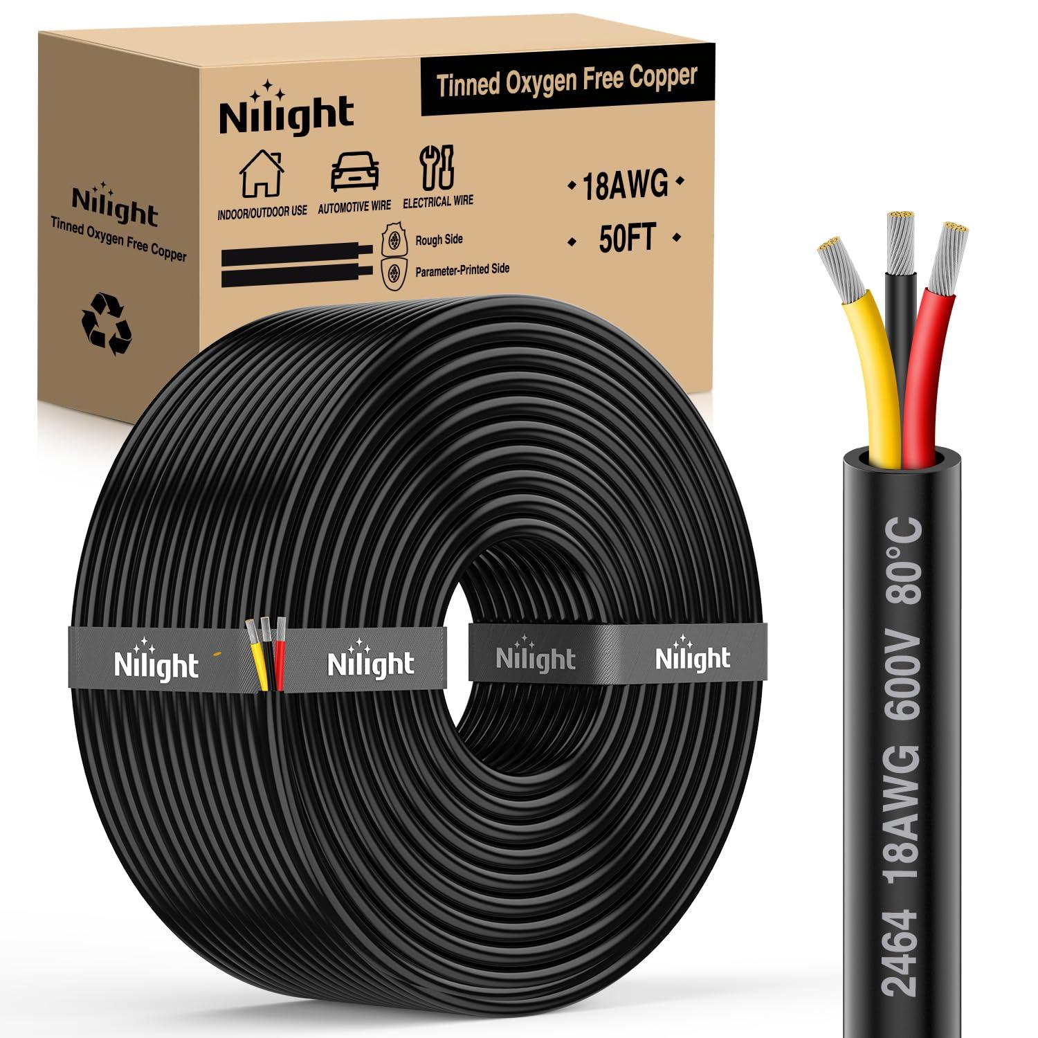 imageNilight 50FT 20 Gauge 3 Conductor Electrical Wire Tinned Oxygen Free Copper Red Black Yellow 3 Wires Parallel 600V DC Flexible PVC Case Extension Cords for LED Strips Lamps Lighting3 Conductor