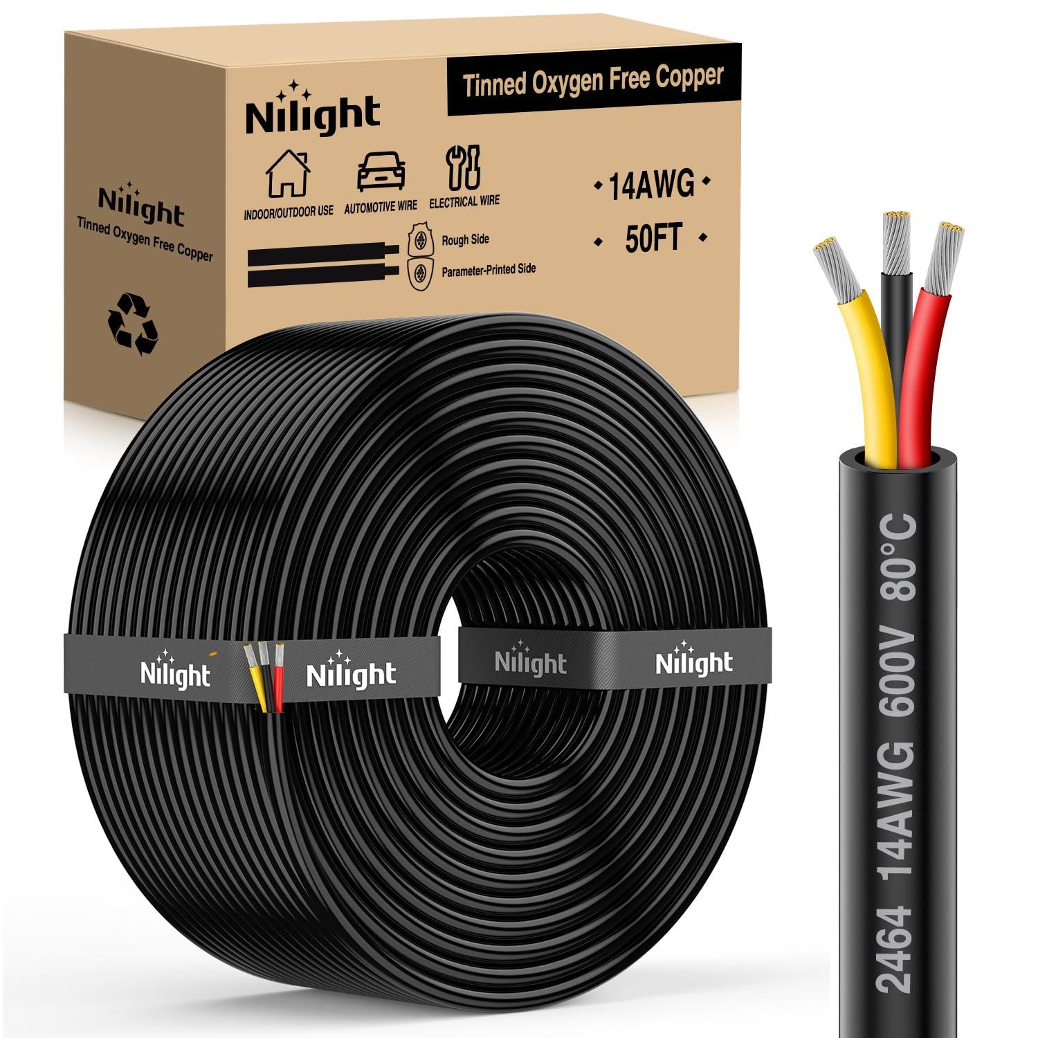 imageNilight 50FT 20 Gauge 3 Conductor Electrical Wire Tinned Oxygen Free Copper Red Black Yellow 3 Wires Parallel 600V DC Flexible PVC Case Extension Cords for LED Strips Lamps Lighting3 Conductor