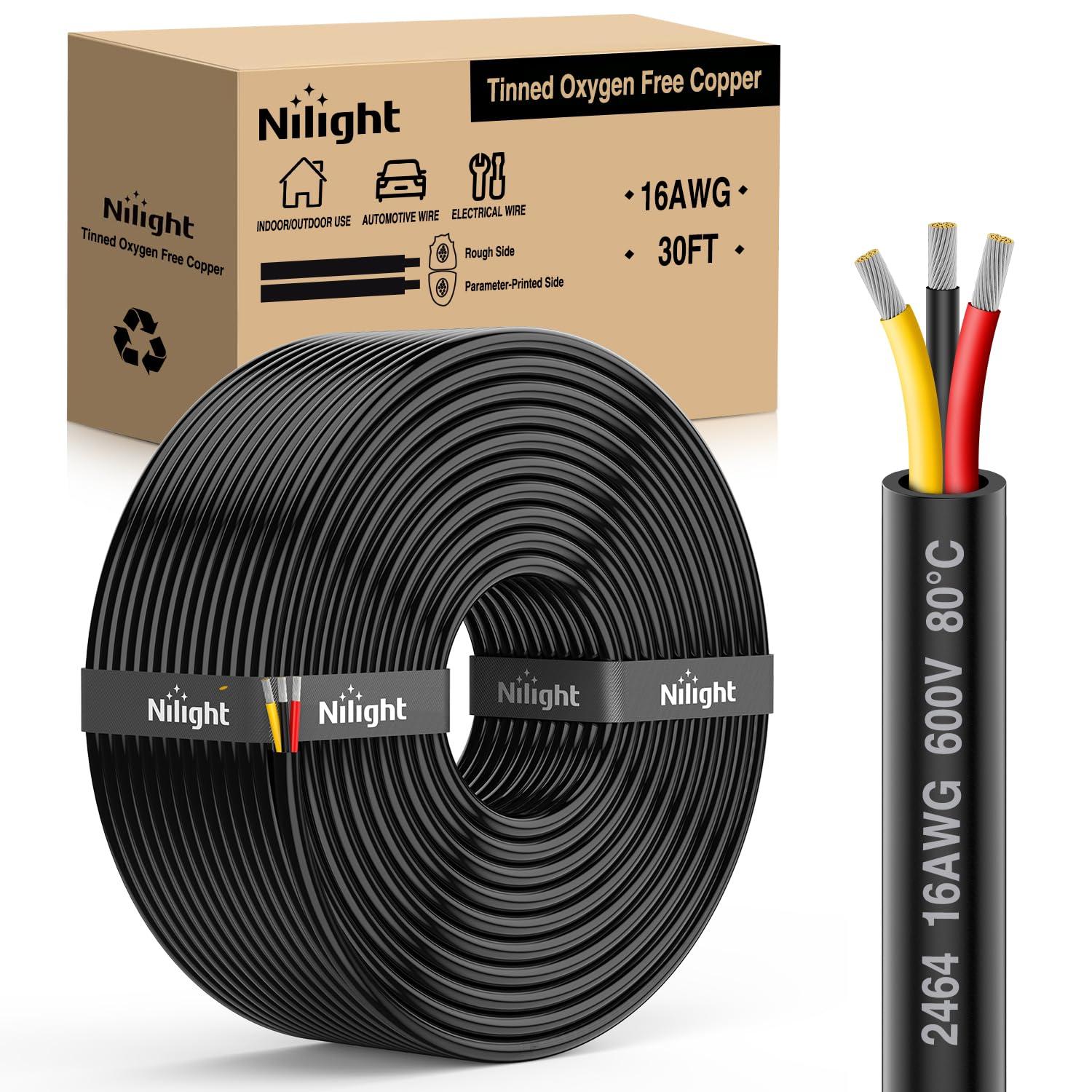 imageNilight 50FT 20 Gauge 3 Conductor Electrical Wire Tinned Oxygen Free Copper Red Black Yellow 3 Wires Parallel 600V DC Flexible PVC Case Extension Cords for LED Strips Lamps Lighting3 Conductor