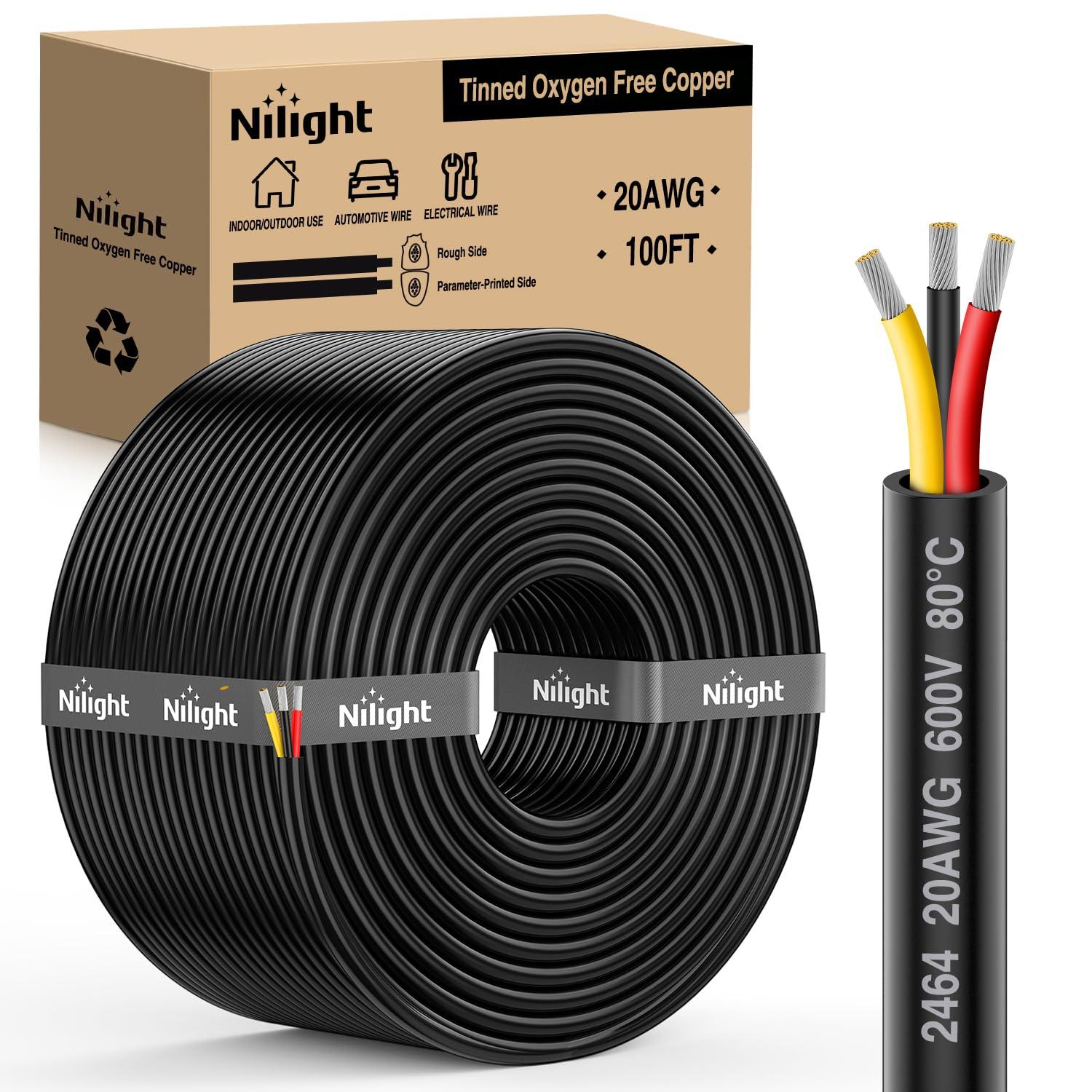 imageNilight 50FT 20 Gauge 3 Conductor Electrical Wire Tinned Oxygen Free Copper Red Black Yellow 3 Wires Parallel 600V DC Flexible PVC Case Extension Cords for LED Strips Lamps Lighting3 Conductor