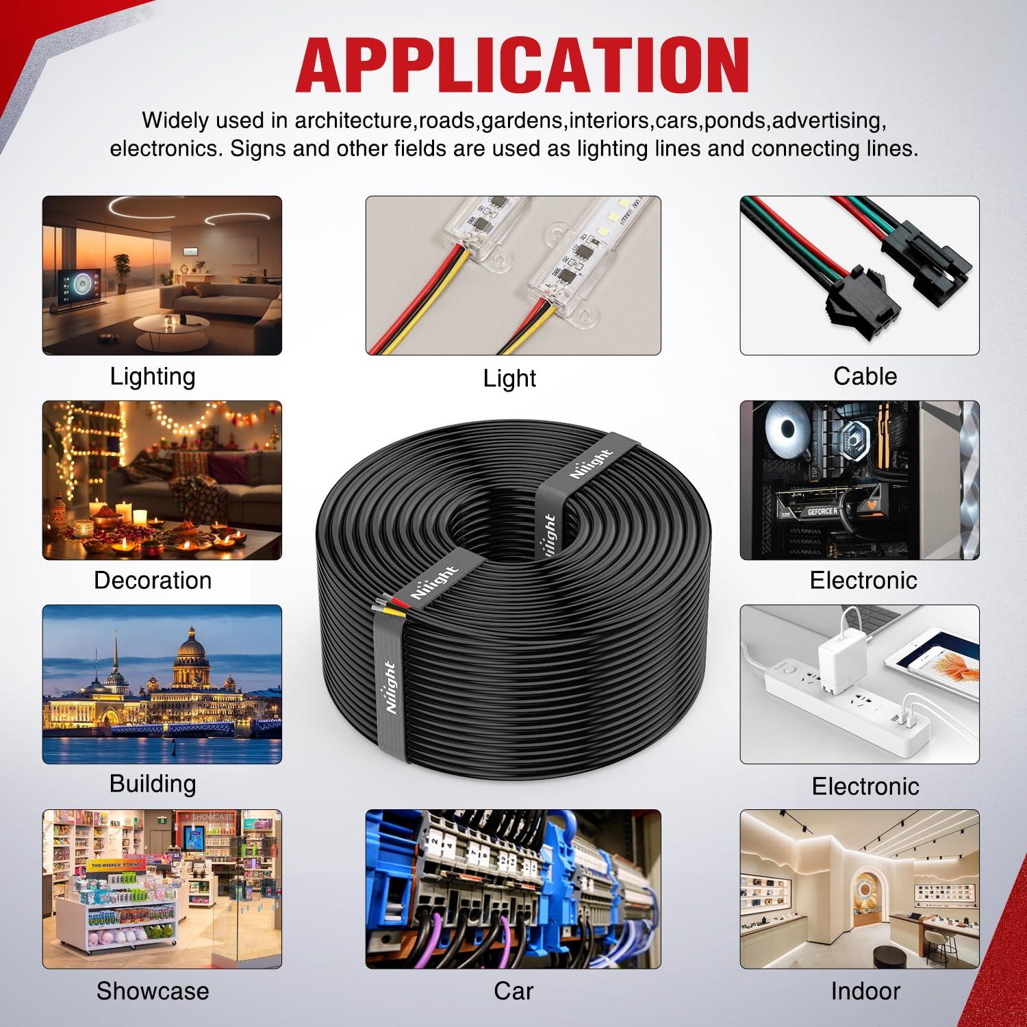 imageNilight 50FT 20 Gauge 3 Conductor Electrical Wire Tinned Oxygen Free Copper Red Black Yellow 3 Wires Parallel 600V DC Flexible PVC Case Extension Cords for LED Strips Lamps Lighting3 Conductor