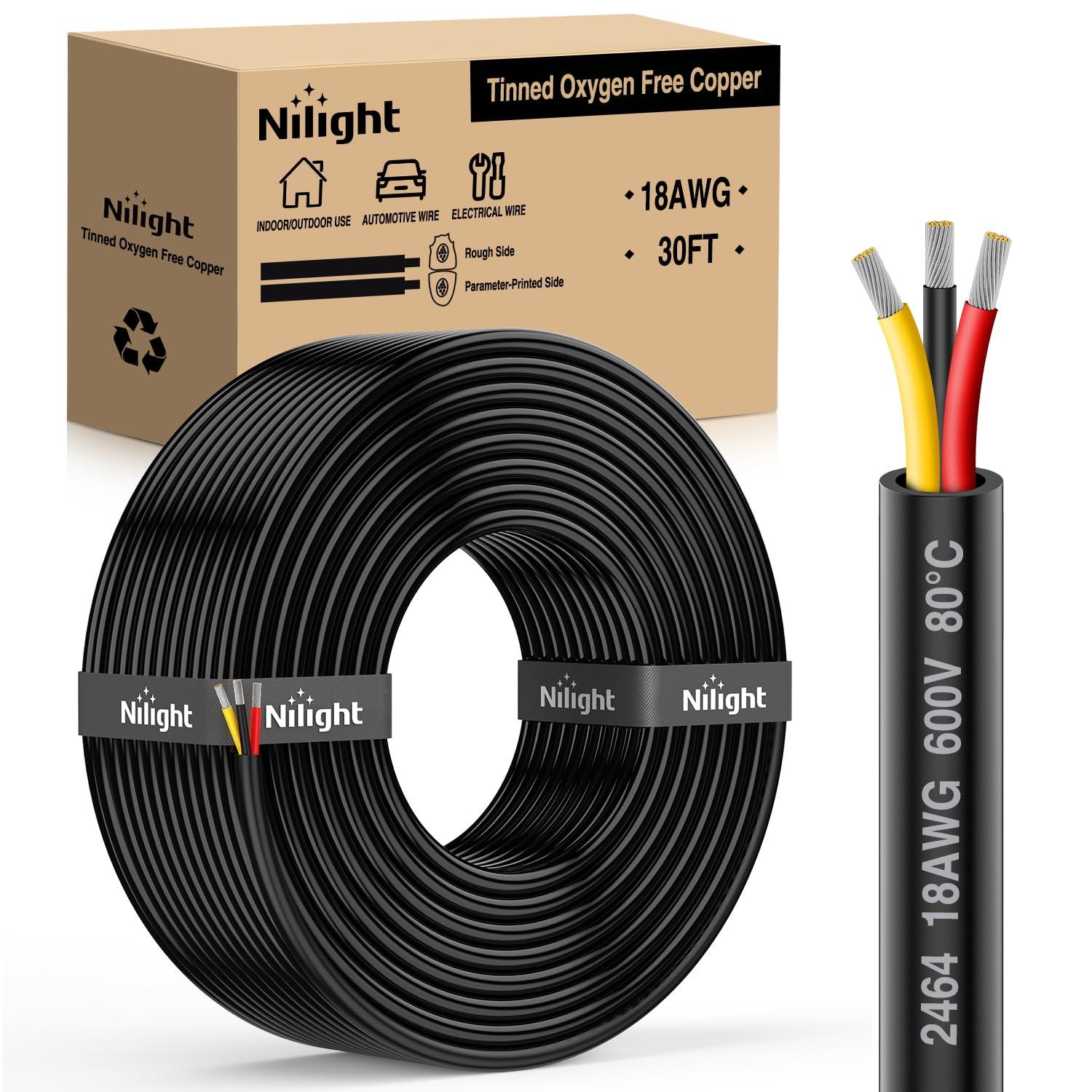 imageNilight 50FT 20 Gauge 3 Conductor Electrical Wire Tinned Oxygen Free Copper Red Black Yellow 3 Wires Parallel 600V DC Flexible PVC Case Extension Cords for LED Strips Lamps Lighting3 Conductor