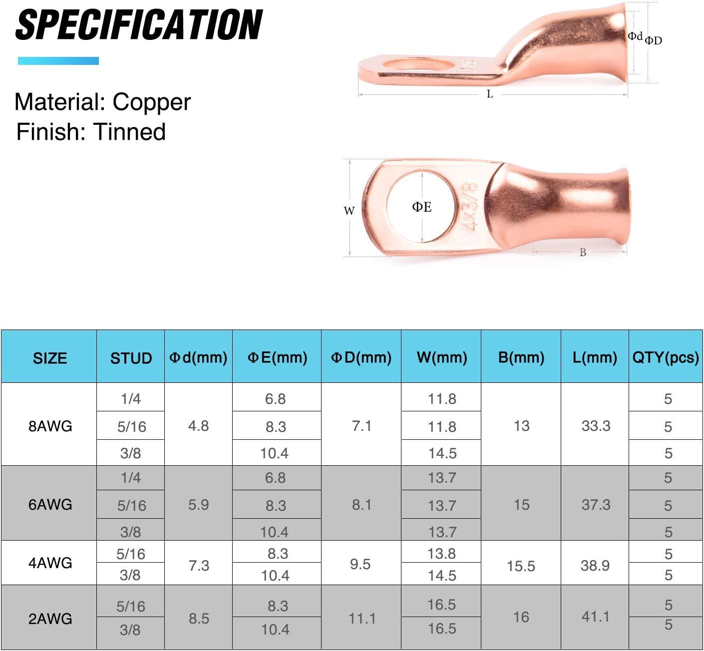 imageNilight 50pcs Heavy Duty Copper Wire Lugs 10types Battery Cable Closed Ends Bare Copper Eyelets Tubular Ring Battery Terminal Connectors Assortment Kit2 Years Warranty