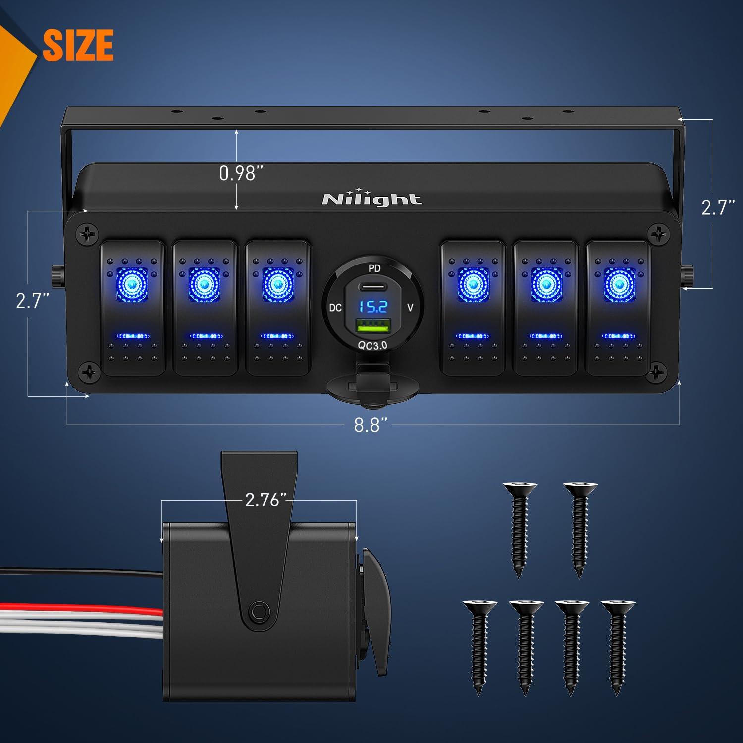 imageNilight 6 Gang Rocker Switch Box 12V SPST ON Off Switch QC 30 USB Charger Voltmeter Waterproof Aluminum Rocker Switch Panel Night Glow Stickers for Boats Cars RVs Trucks 2 Years WarrantyBlueType C USB Box 6Gang Switch Blue
