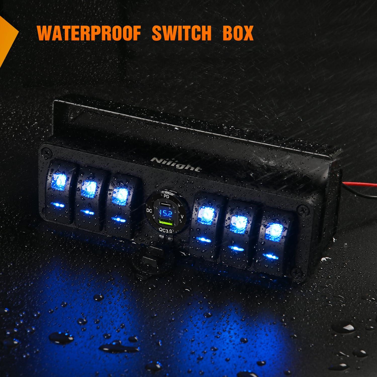 imageNilight 6 Gang Rocker Switch Box 12V SPST ON Off Switch QC 30 USB Charger Voltmeter Waterproof Aluminum Rocker Switch Panel Night Glow Stickers for Boats Cars RVs Trucks 2 Years WarrantyBlueType C USB Box 6Gang Switch Blue