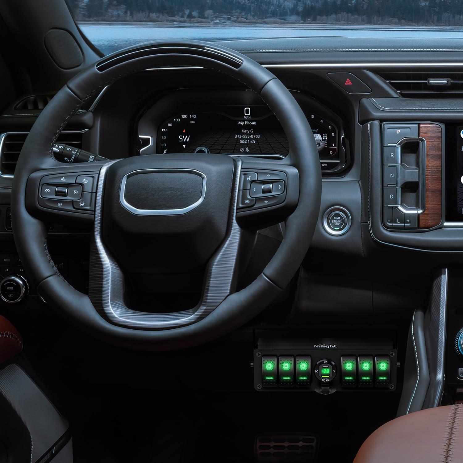 imageNilight 6 Gang Rocker Switch Box 12V SPST ON Off Switch QC 30 USB Charger Voltmeter Waterproof Aluminum Rocker Switch Panel Night Glow Stickers for Boats Cars RVs Trucks 2 Years WarrantyBlueType C USB Box 6Gang Switch Green