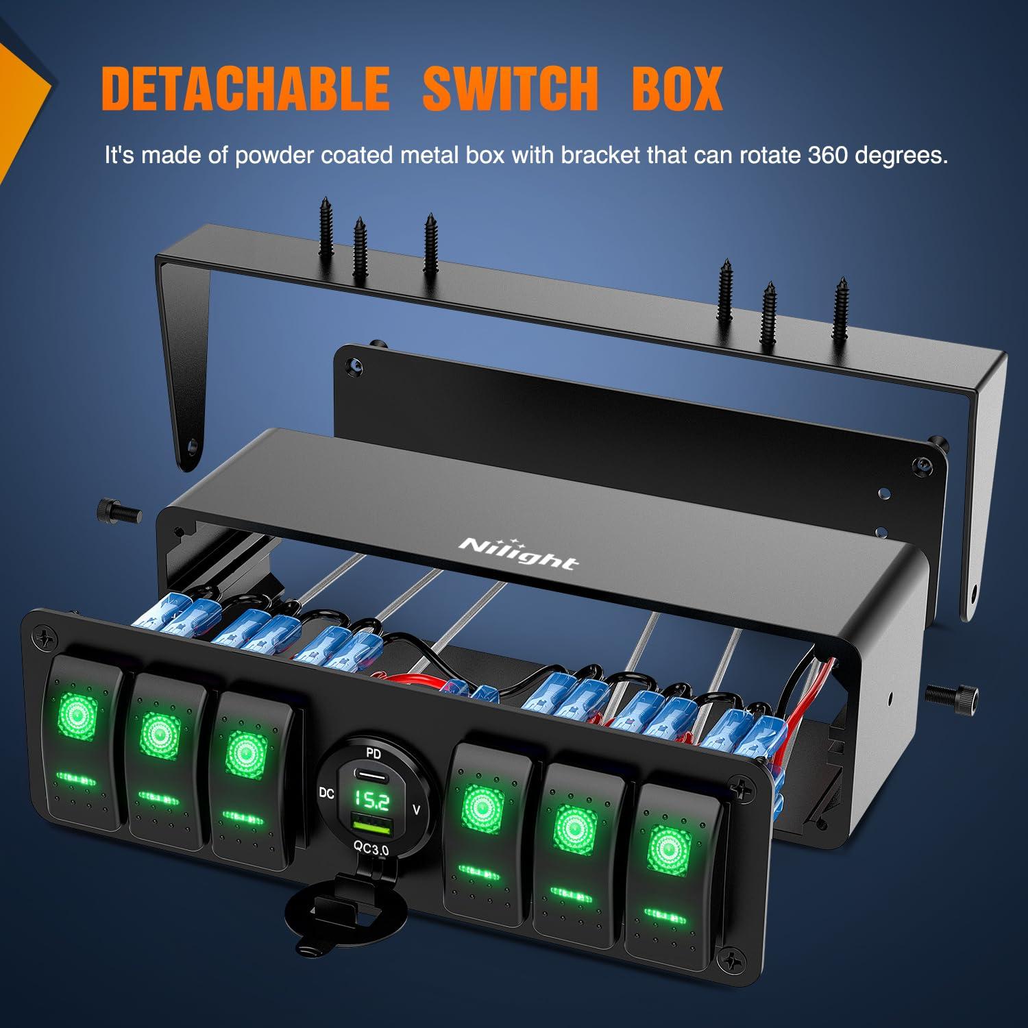 imageNilight 6 Gang Rocker Switch Box 12V SPST ON Off Switch QC 30 USB Charger Voltmeter Waterproof Aluminum Rocker Switch Panel Night Glow Stickers for Boats Cars RVs Trucks 2 Years WarrantyBlueType C USB Box 6Gang Switch Green