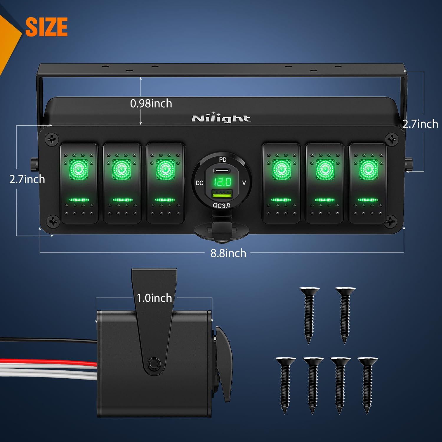 imageNilight 6 Gang Rocker Switch Box 12V SPST ON Off Switch QC 30 USB Charger Voltmeter Waterproof Aluminum Rocker Switch Panel Night Glow Stickers for Boats Cars RVs Trucks 2 Years WarrantyBlueType C USB Box 6Gang Switch Green
