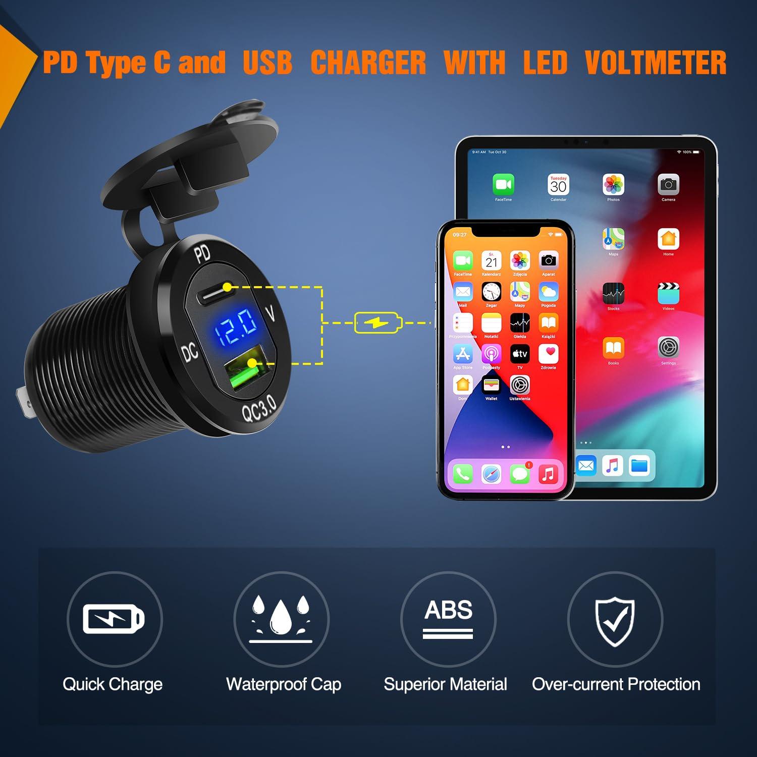 imageNilight 6 Gang Rocker Switch Box 12V SPST ON Off Switch QC 30 USB Charger Voltmeter Waterproof Aluminum Rocker Switch Panel Night Glow Stickers for Boats Cars RVs Trucks 2 Years WarrantyBlueType C USB Box 6Gang Switch Blue