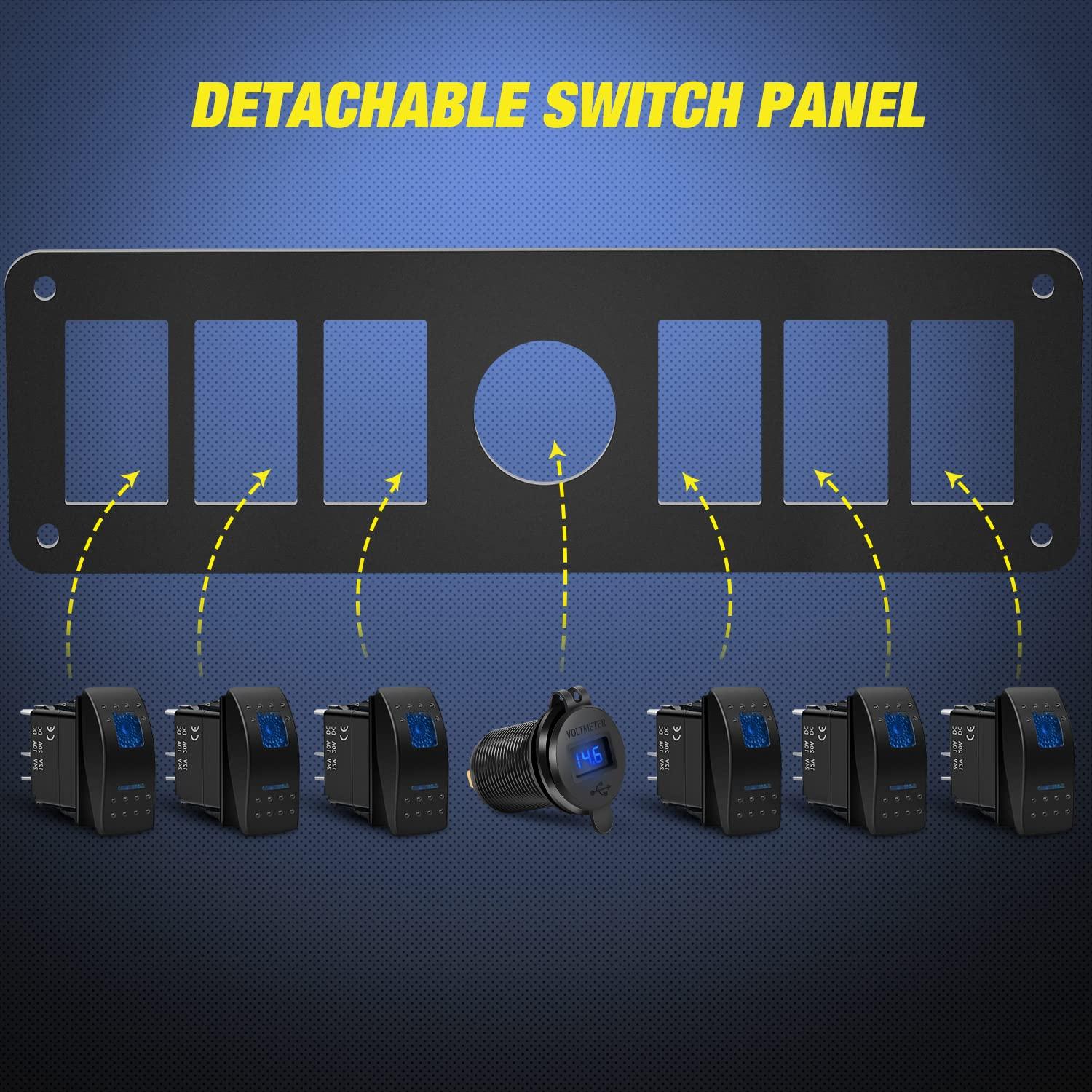 imageNilight 6 Gang Rocker Switch Box 12V SPST ON Off Switch QC 30 USB Charger Voltmeter Waterproof Aluminum Rocker Switch Panel Night Glow Stickers for Boats Cars RVs Trucks 2 Years WarrantyBlueDual USB 6Gang Switch Blue