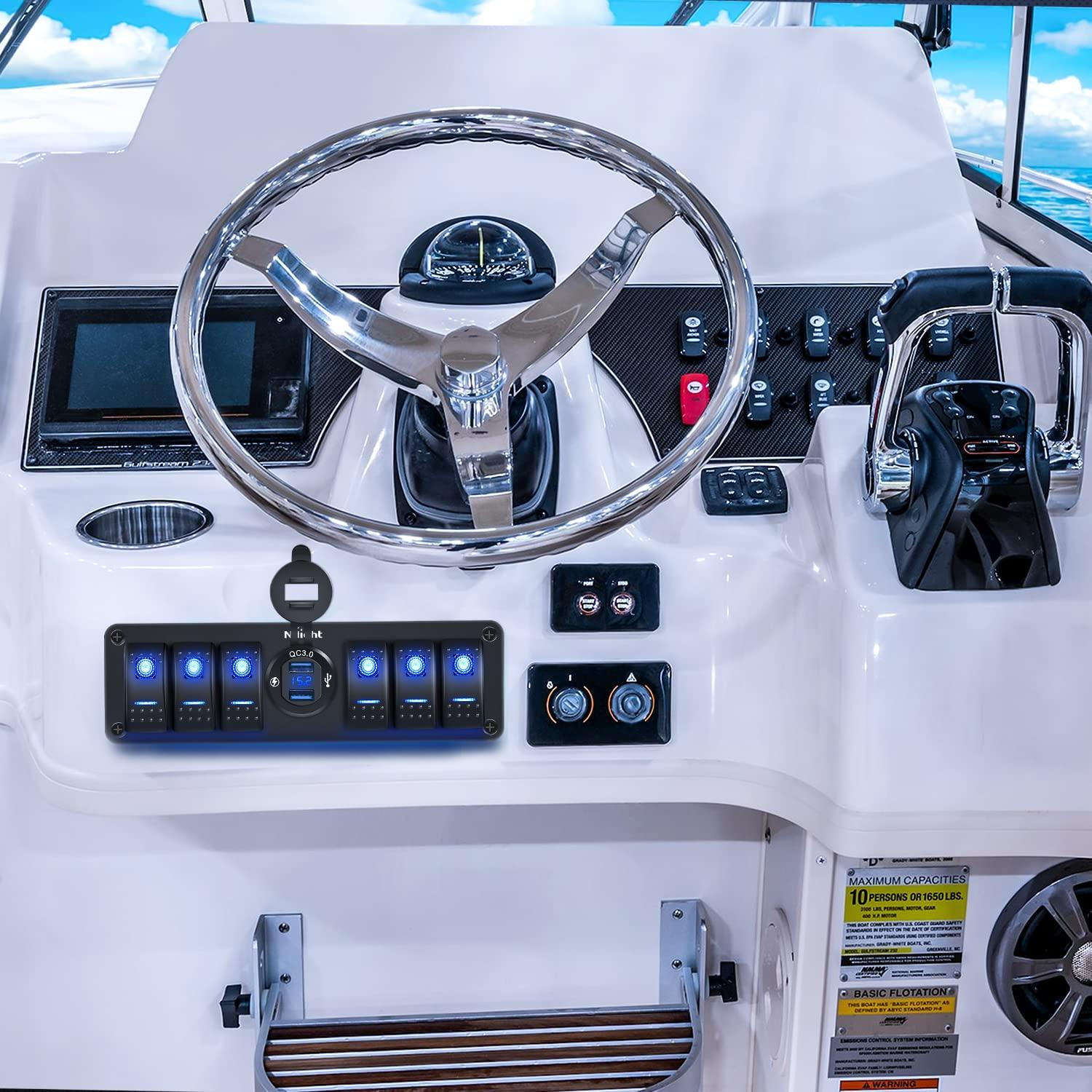 imageNilight 6 Gang Rocker Switch Box 12V SPST ON Off Switch QC 30 USB Charger Voltmeter Waterproof Aluminum Rocker Switch Panel Night Glow Stickers for Boats Cars RVs Trucks 2 Years WarrantyBlueDual USB 6Gang Switch Blue