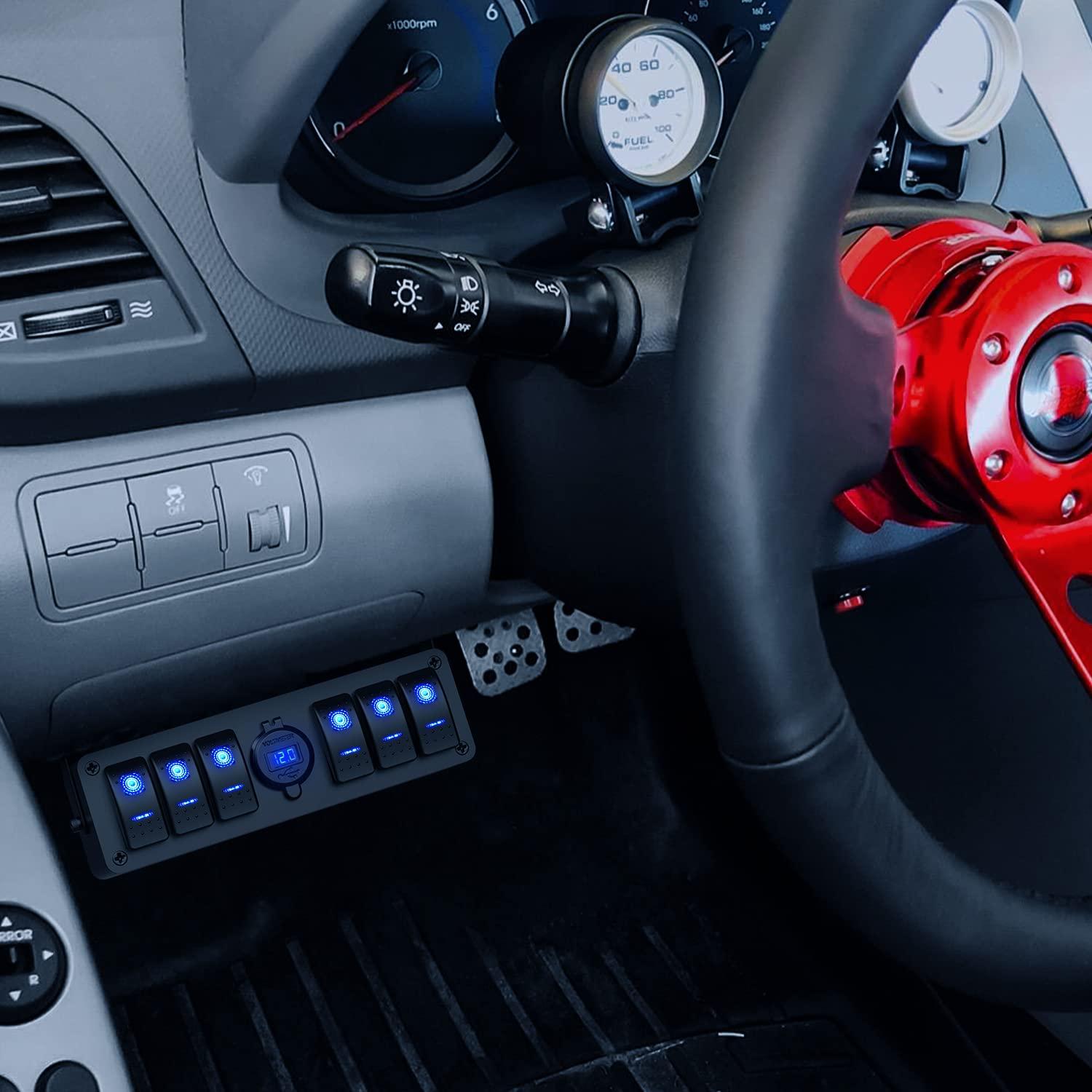 imageNilight 6 Gang Rocker Switch Box 12V SPST ON Off Switch QC 30 USB Charger Voltmeter Waterproof Aluminum Rocker Switch Panel Night Glow Stickers for Boats Cars RVs Trucks 2 Years WarrantyBlueType C USB Box 6Gang Switch Blue