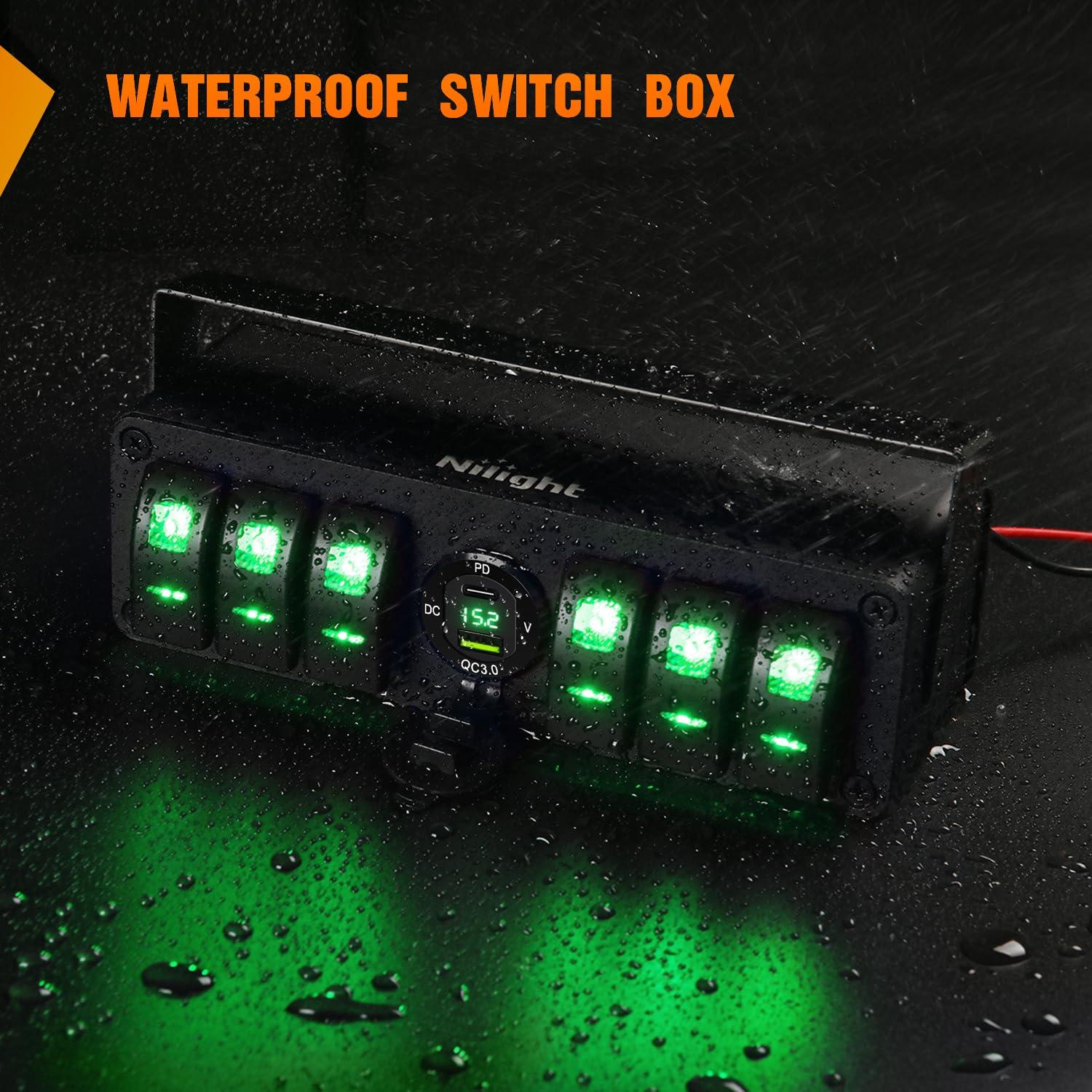 imageNilight 6 Gang Rocker Switch Box 12V SPST ON Off Switch QC 30 USB Charger Voltmeter Waterproof Aluminum Rocker Switch Panel Night Glow Stickers for Boats Cars RVs Trucks 2 Years WarrantyBlueType C USB Box 6Gang Switch Green