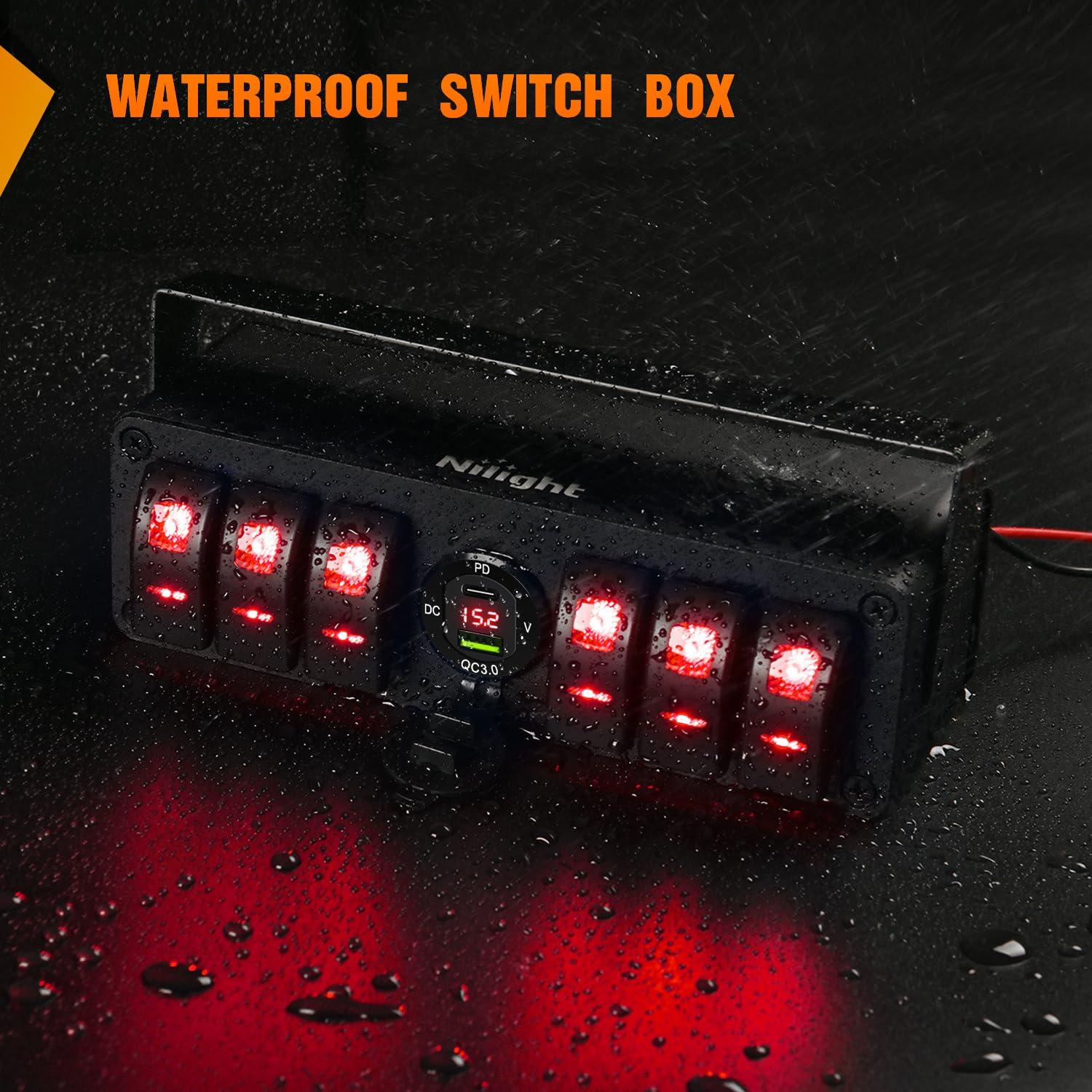 imageNilight 6 Gang Rocker Switch Box 12V SPST ON Off Switch QC 30 USB Charger Voltmeter Waterproof Aluminum Rocker Switch Panel Night Glow Stickers for Boats Cars RVs Trucks 2 Years WarrantyBlueType C USB Box 6Gang Switch Red