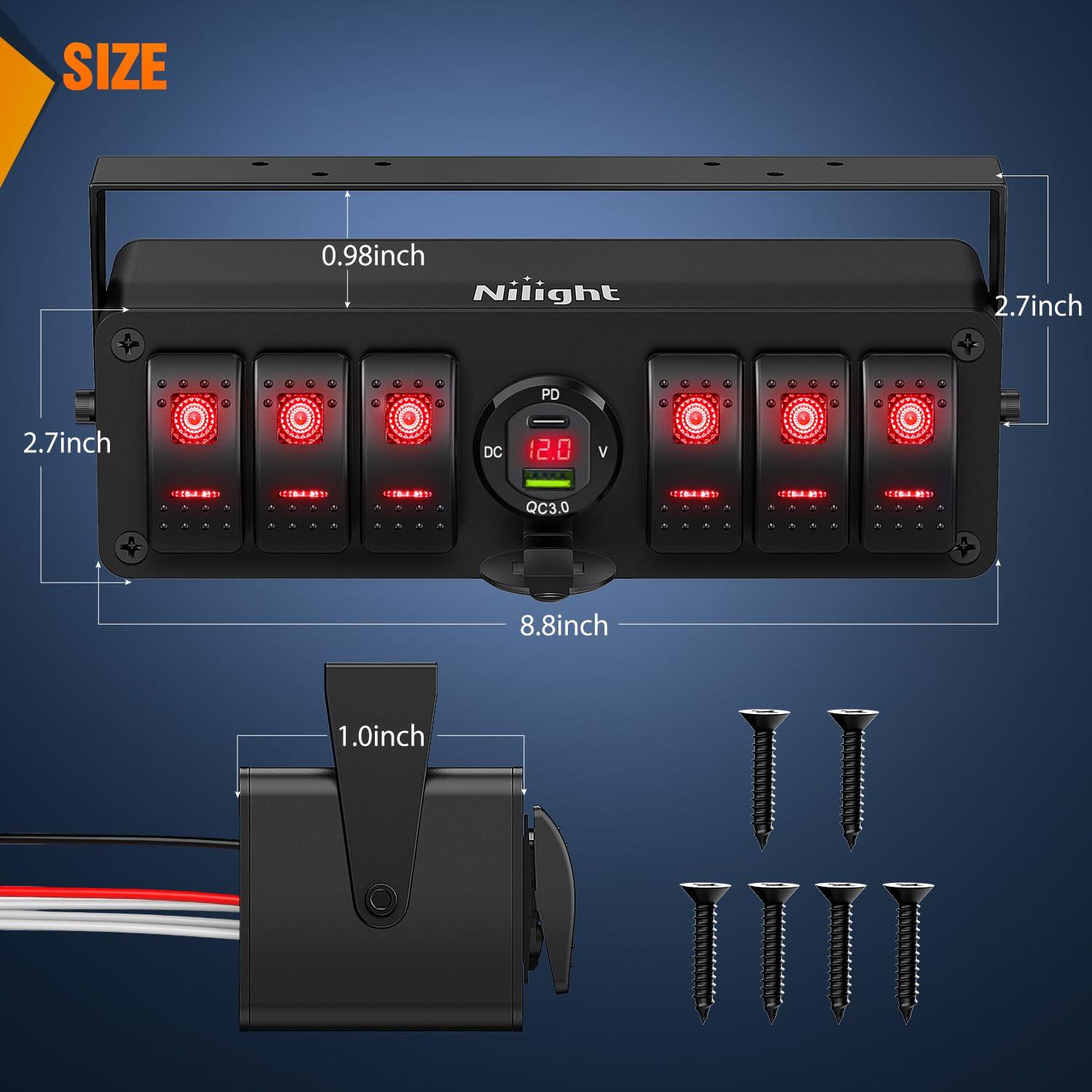 imageNilight 6 Gang Rocker Switch Box 12V SPST ON Off Switch QC 30 USB Charger Voltmeter Waterproof Aluminum Rocker Switch Panel Night Glow Stickers for Boats Cars RVs Trucks 2 Years WarrantyBlueType C USB Box 6Gang Switch Red