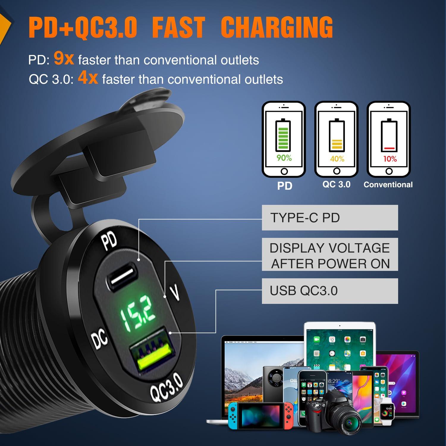 imageNilight 6 Gang Rocker Switch Box 12V SPST ON Off Switch QC 30 USB Charger Voltmeter Waterproof Aluminum Rocker Switch Panel Night Glow Stickers for Boats Cars RVs Trucks 2 Years WarrantyBlueType C USB Box 6Gang Switch Green