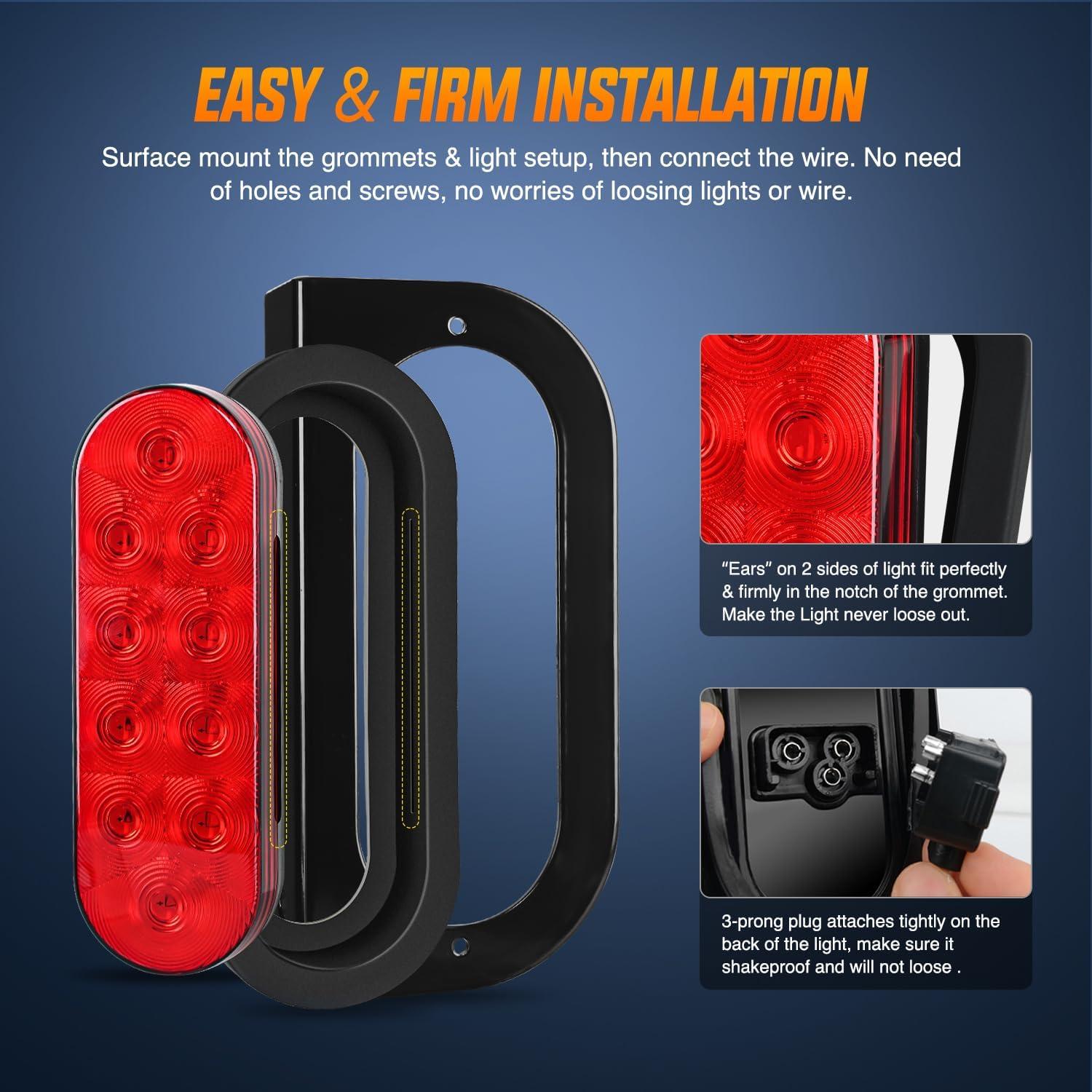 imageNilight 6 Inch Oval Red LED Trailer Tail Light Surface Mount 2PCS 10 LEDs Waterproof Stop Brake Turn Trailers Lights for Truck RV Boat Bus Lorry Camper Van CaravanTrailer Lights wWire wBrackets