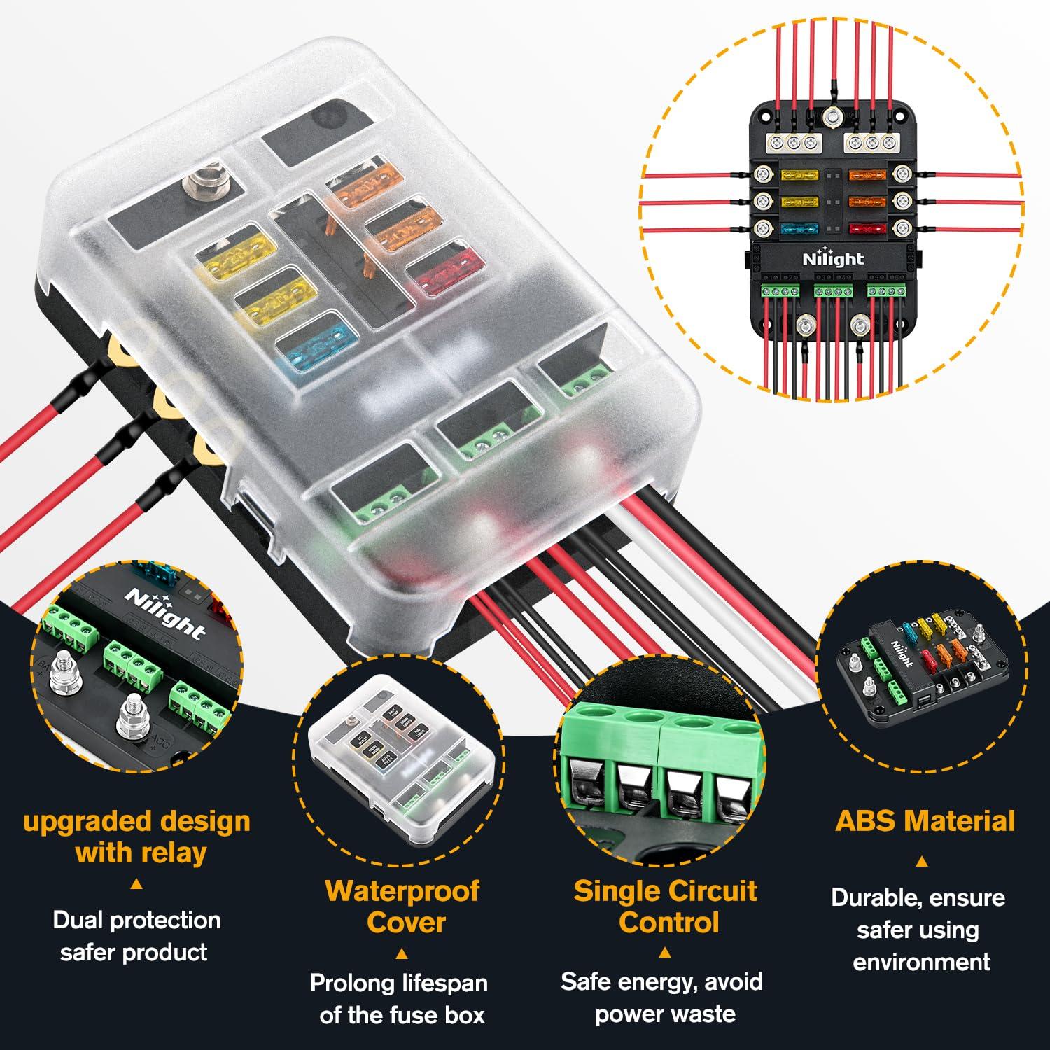 imageNilight 6 Way Fuse Block with Negative Bus 12V Blade Fuse Holder ATCATO Standard Fuse Box Label Stickers Waterproof Cover Fuse Panel for Automotive Cars Trucks RVs Campers Vans 2 Years Warranty6Way Fuse Block wRelay