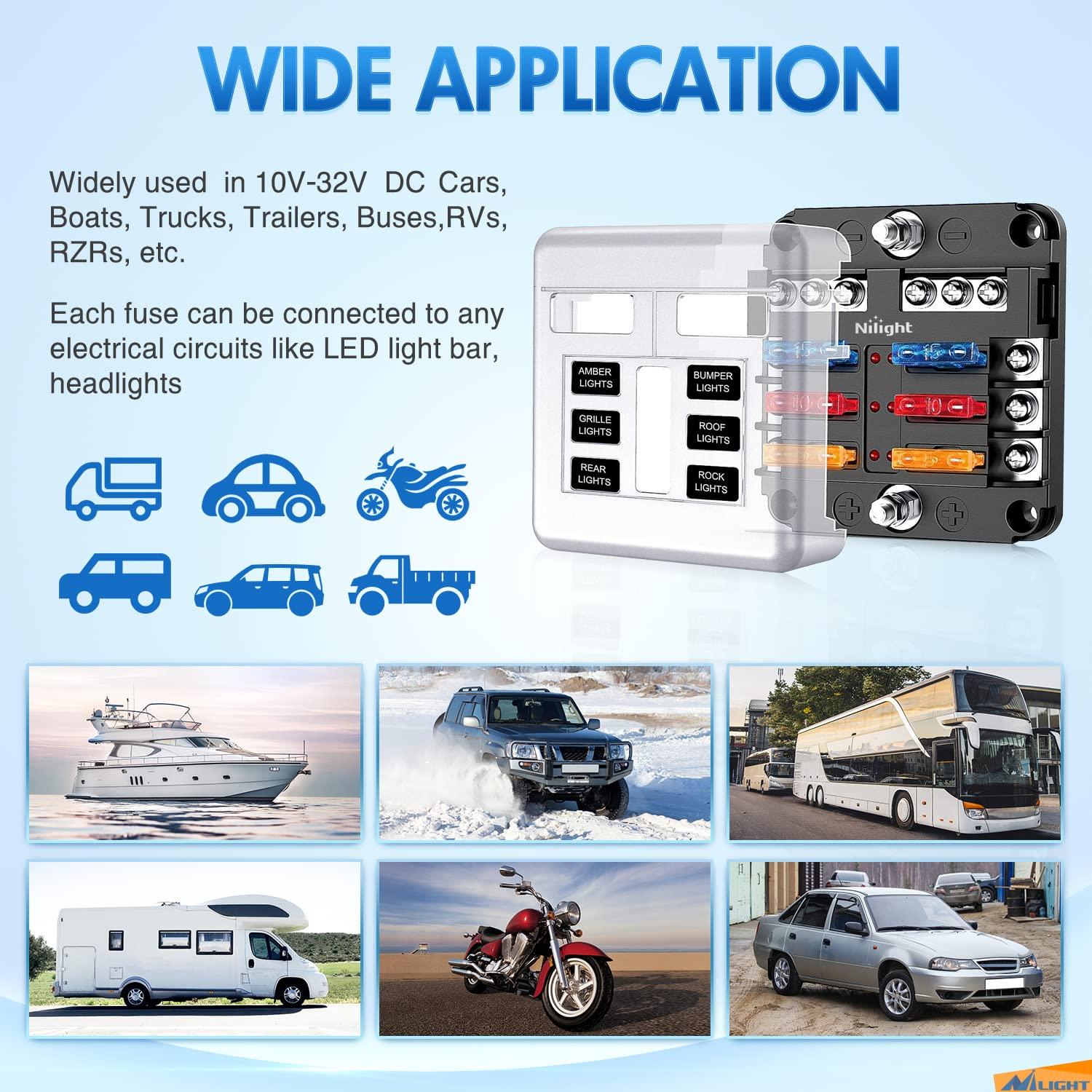 imageNilight 6 Way Fuse Block with Negative Bus 12V Blade Fuse Holder ATCATO Standard Fuse Box Label Stickers Waterproof Cover Fuse Panel for Automotive Cars Trucks RVs Campers Vans 2 Years Warranty6 Way Fuse Block