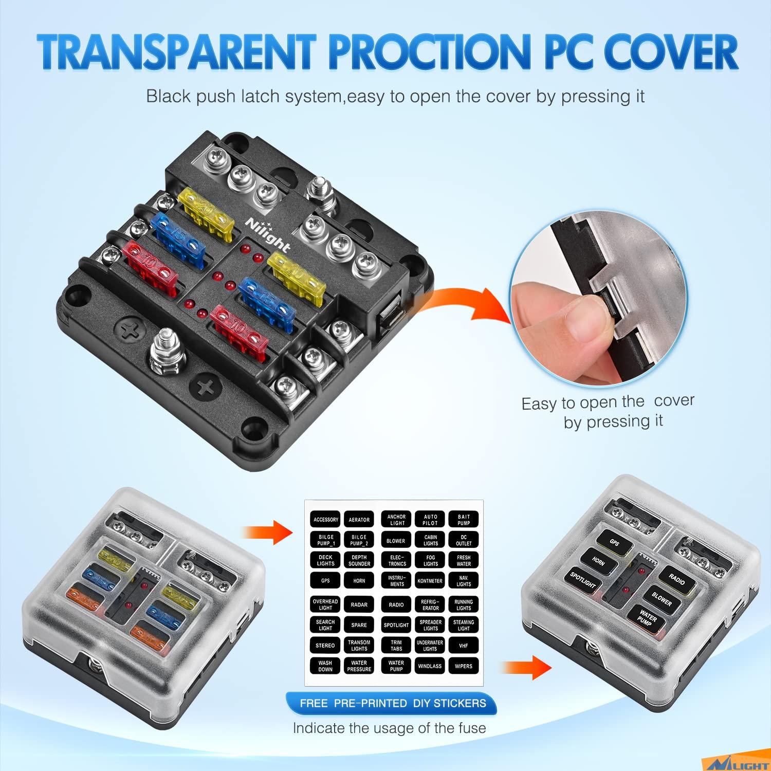 imageNilight 6 Way Fuse Block with Negative Bus 12V Blade Fuse Holder ATCATO Standard Fuse Box Label Stickers Waterproof Cover Fuse Panel for Automotive Cars Trucks RVs Campers Vans 2 Years Warranty6 Way Fuse Block
