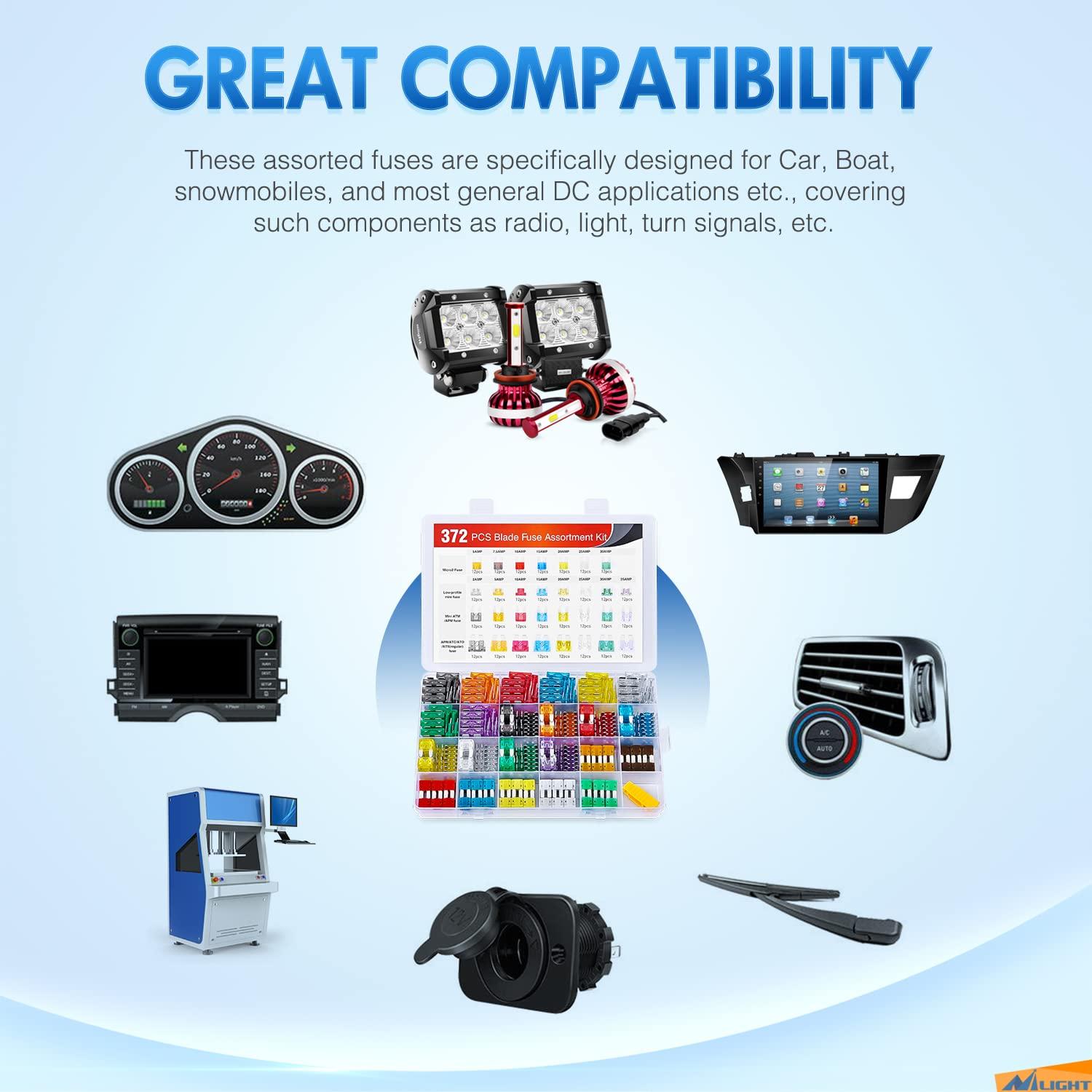 imageNilight 60PCS Micro3 Fuse ATL Blade Assortment Kit 3 Prong Micro Blade Car Fuses Replacement 5A 75A 10A 15A with Puller Tool for Cars Trucks SUVs RVs372Pcs Fuse4 Style Fuses