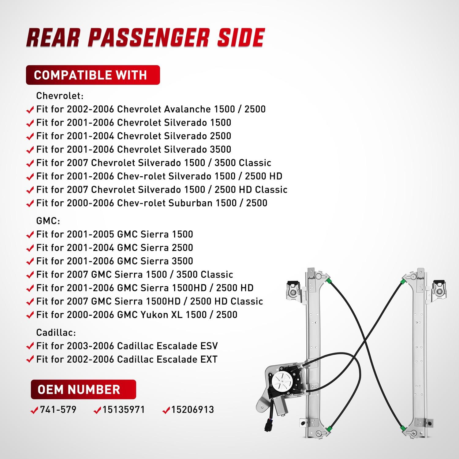 imageNilight 741578 Window Regulator and Motor Rear Driver SideCompatible with Cadillac EscaladeChevy AvalancheSilveradoGMC Sierra Yukon 1500 2500 3500 2000 2001 2002 2003 2004 2005 2006 2007Rear Passenger